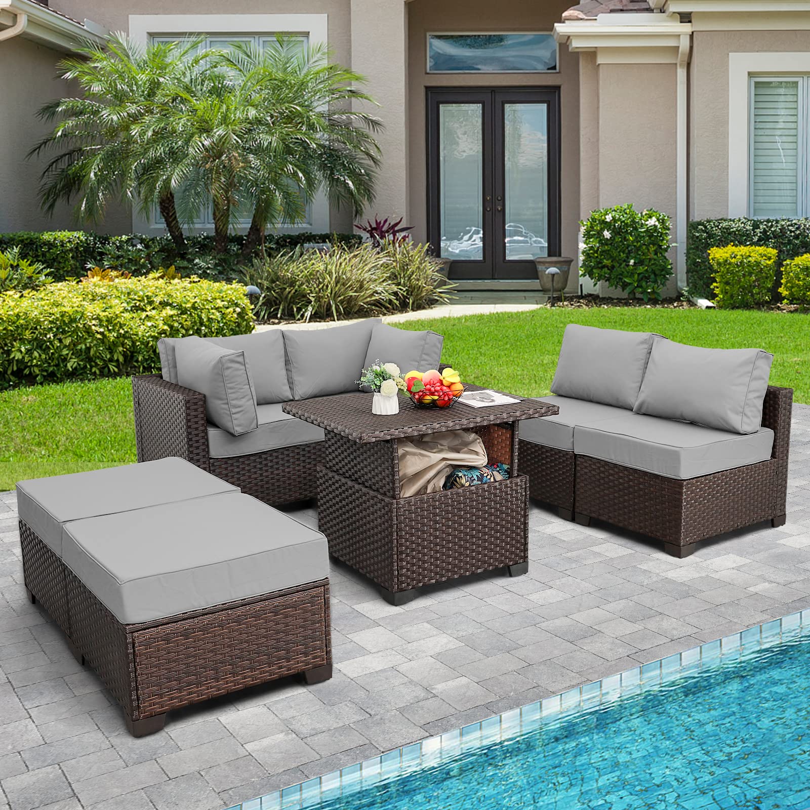 Dark Brown Rattan 7-Piece Outdoor Patio Sectional Set - PE Wicker Conversation Sofa with Liftable Storage Table & Gray Cushions - Perfect for Backyard, Garden, or Poolside Relaxation