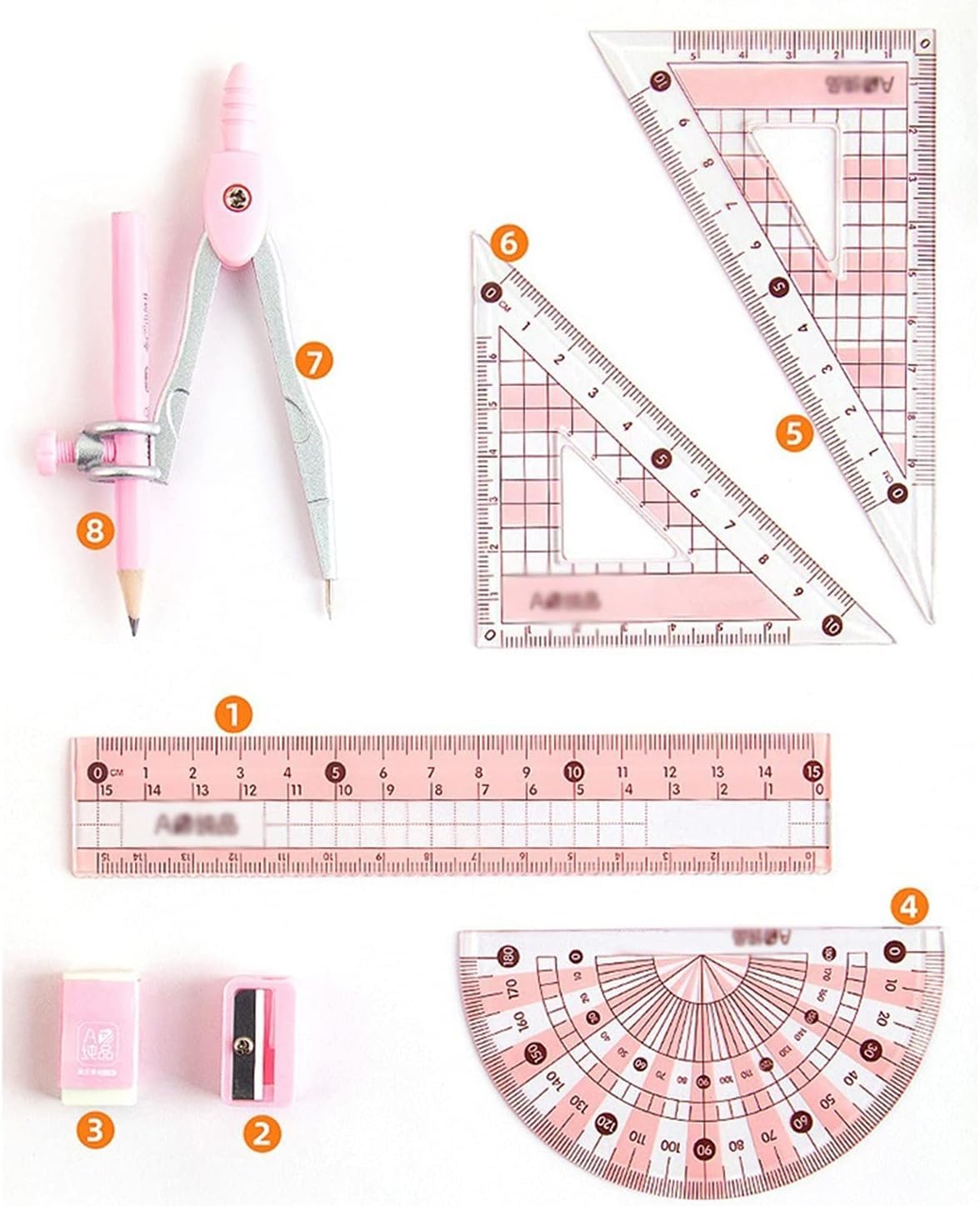 8-Piece Geometry Set with Math Compass, Ruler, Protractor, Pencil Sharpener & Eraser - Perfect for Students, Engineers & Artists for School, Drafting & Technical Drawing
