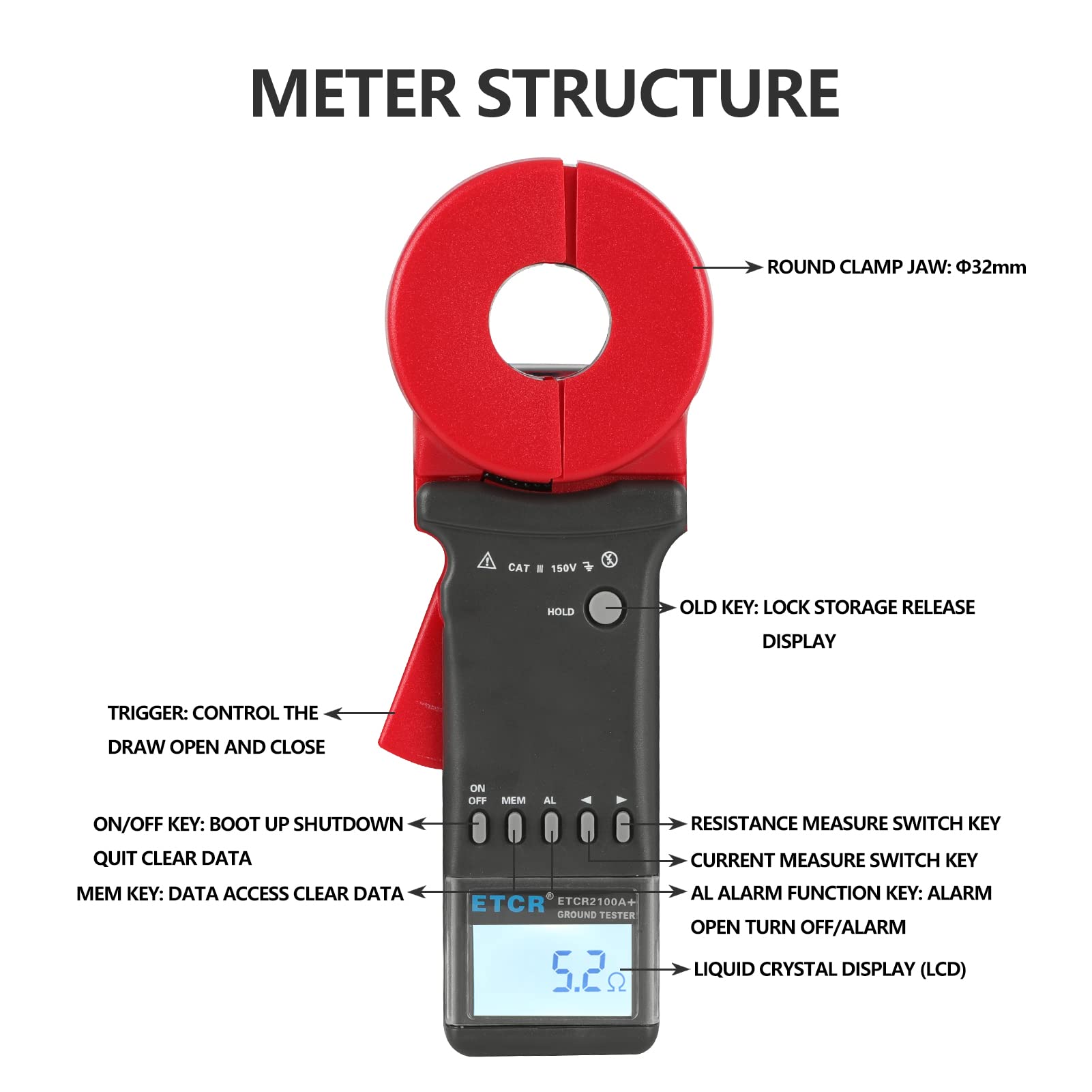 ETCR2100A+ Digital Clamp Ground Earth Resistance Tester Meter 0.01Ω-200Ω - Professional Electrical Testing Tool for Industrial Maintenance & Home Safety Inspections