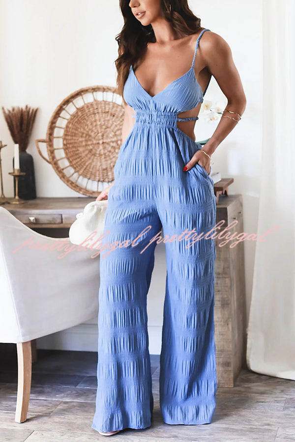 Stylish Crinkle Fabric Cut Out Backless Jumpsuit with Elastic Waist & Pockets - Perfect for Summer Vacations, Beach Getaways, and Night Out Parties