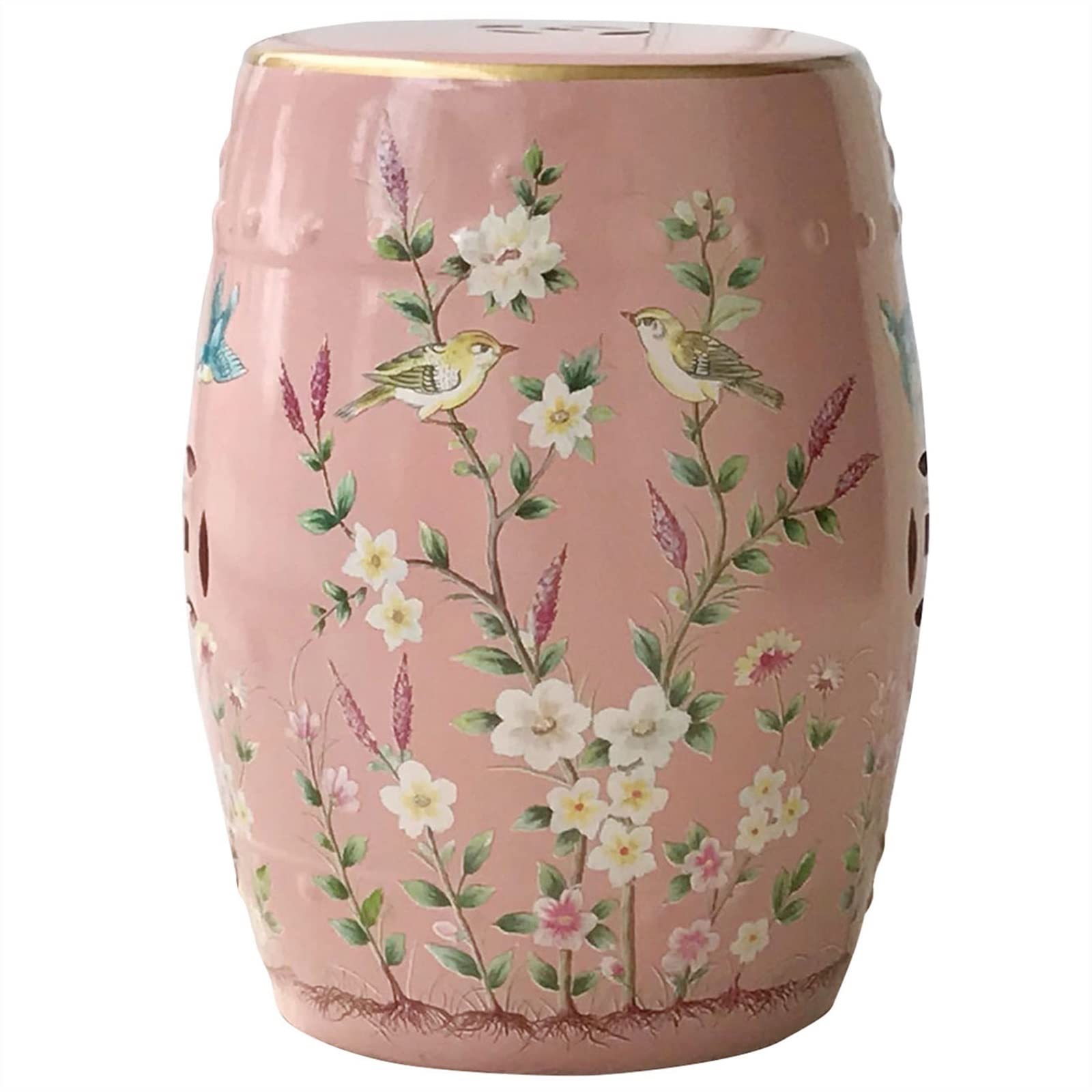 Hand-Painted Ceramic Garden Stool - Glazed Floral & Bird Design Shoe Bench, Drum Seat for Outdoor, Patio, Living Room Decor - Pink (Perfect for Entryway, Porch & Home Décor)
