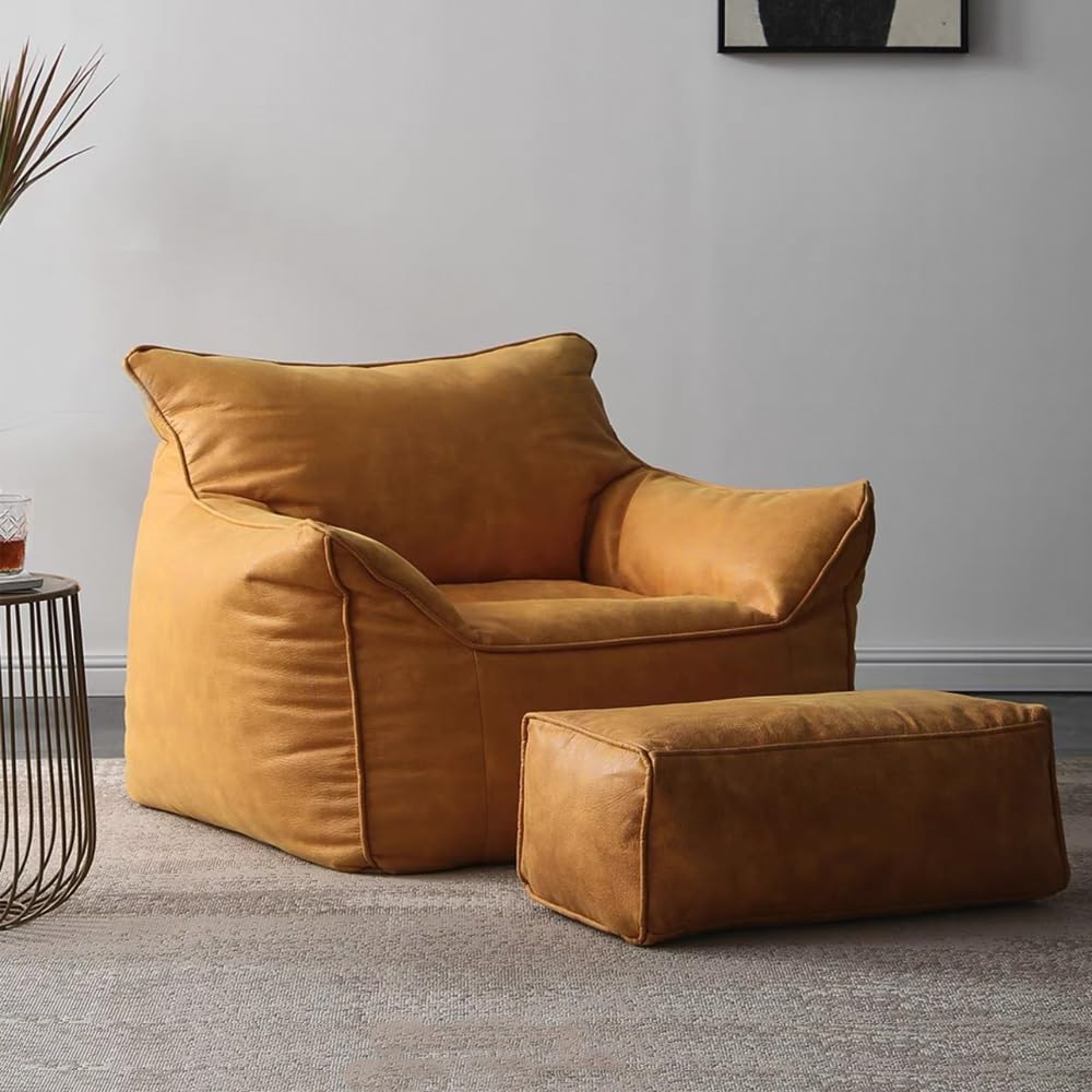 Premium PU Faux Suede Bean Bag Chair Cover (No Filler Included) - Waterproof, Durable & Luxurious Lazy Sofa Slipcover for Bedroom, Living Room, Garden - Retro Yellow | Perfect for Relaxing, Gaming & Outdoor Lounging