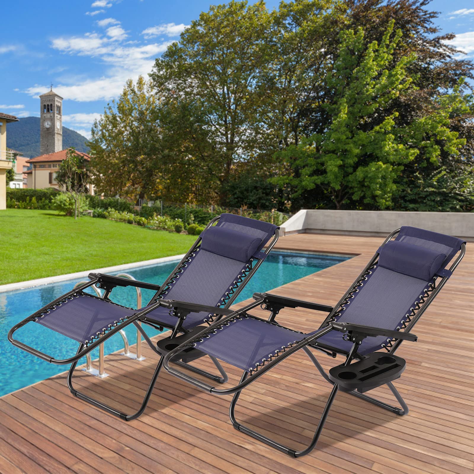 Premium Zero Gravity Lounge Chair Set of 2 - Adjustable Outdoor Recliners with Pillow & Utility Tray - Patio, Poolside, Beach, Camping & Deck Chairs - Perfect for Relaxing, Sunbathing & Backyard Lounging (Blue)