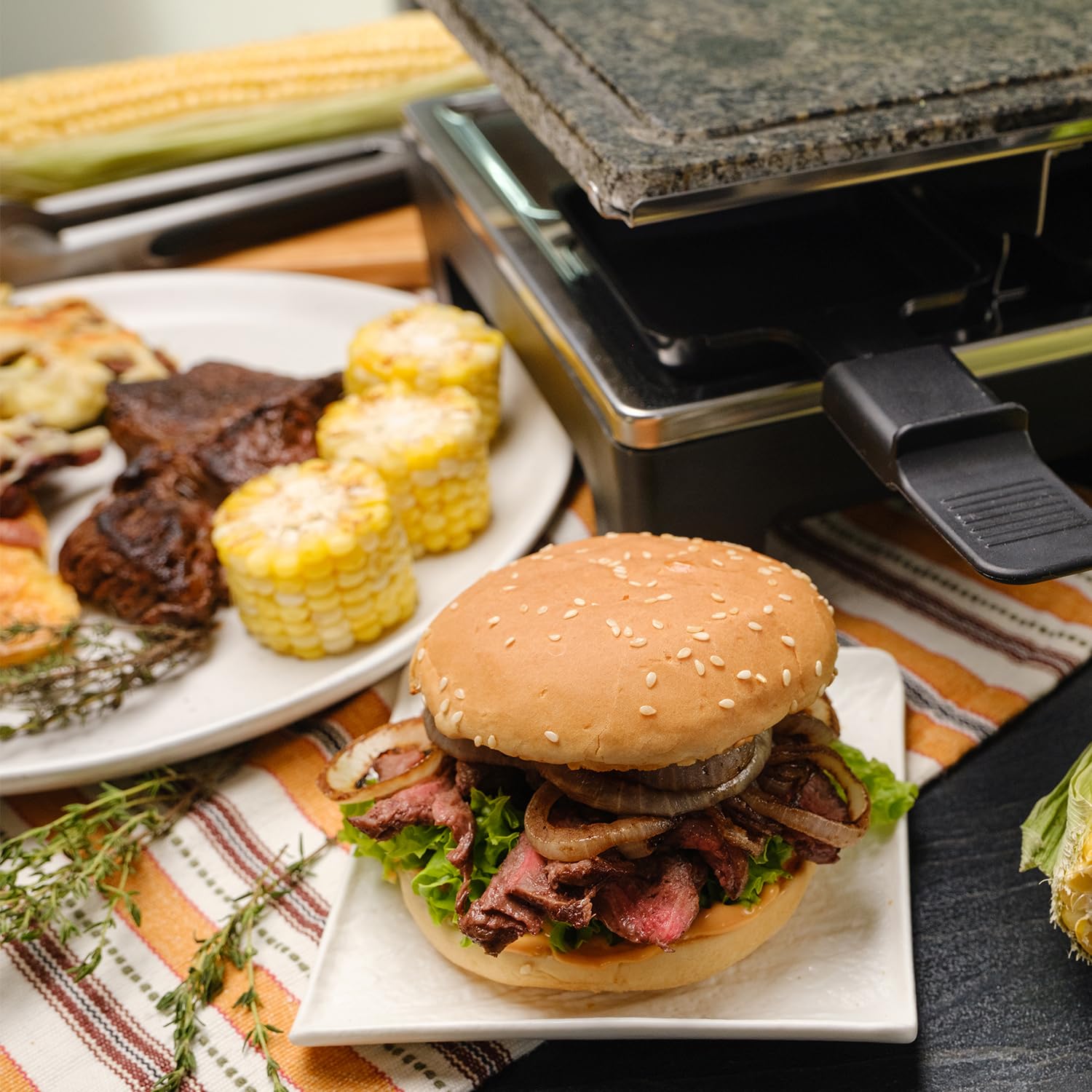 CUSIMAX Electric Raclette Grill - 1500W Portable Indoor Grill with 2-in-1 Reversible Non-Stick Plate & Natural Grill Stone - Korean BBQ Grill Set Includes 8 Pans & Wooden Spatulas - Perfect for Home Cooking, Parties & Family Gatherings