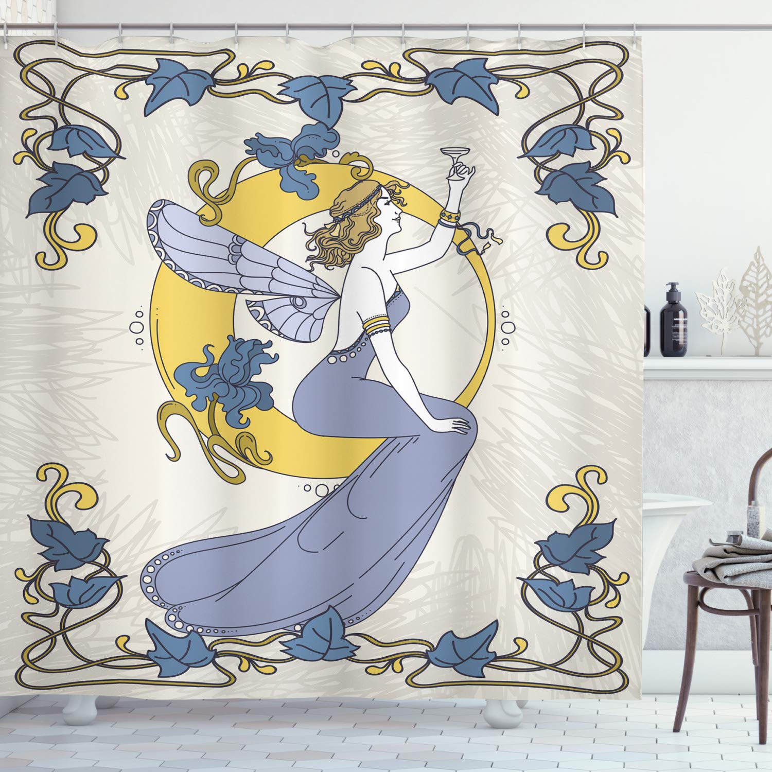 Lunarable Fantasy Shower Curtain - Art Nouveau Inspired Winged Girl on Moon Design, 69x75 Inch Waterproof Cloth Fabric Bathroom Decor Set with Hooks (Eggshell Multicolor) - Perfect for Boho, Gothic & Vintage Style Bathrooms