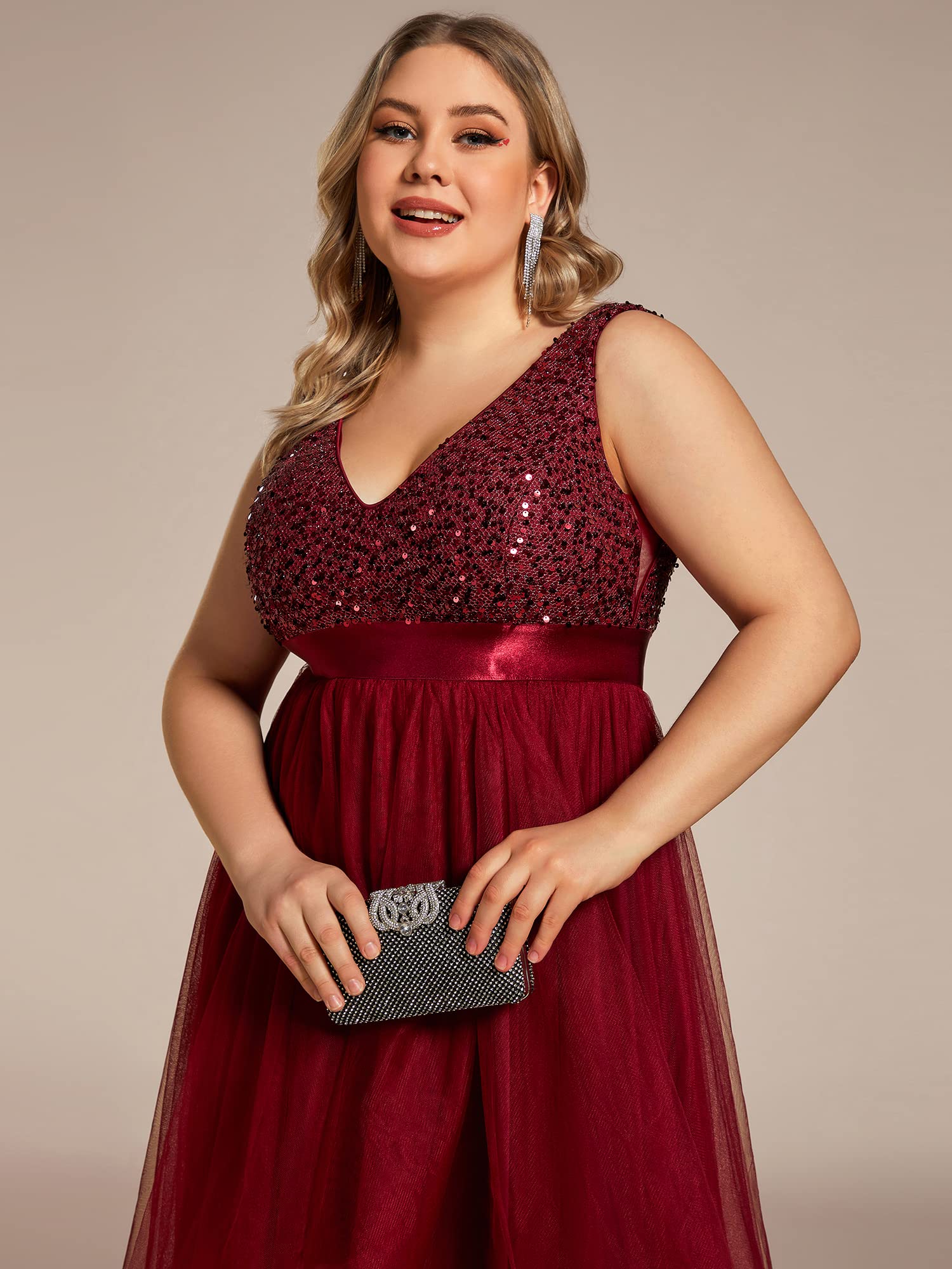 Ever-Pretty Women's Double V-Neck A-Line High-Low Sequin Tulle Plus Size Formal Dress for Curvy Women 0147A-DA | Elegant Evening Gown for Prom, Wedding Guest, Cocktail Party & Special Occasions