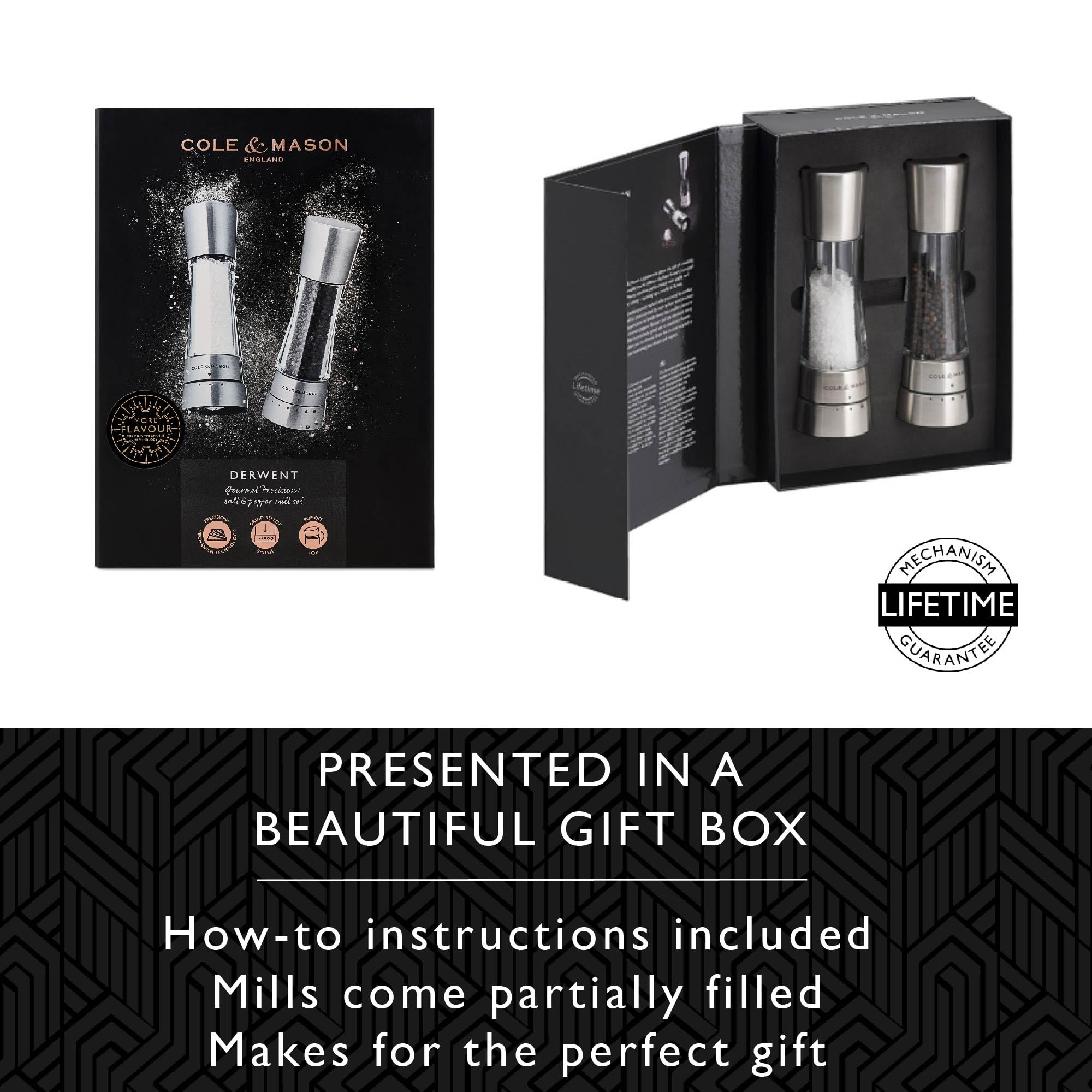 Cole & Mason Derwent Salt and Pepper Grinder Set - Adjustable Coarseness, Premium Stainless Steel & Acrylic Design, 7.5
