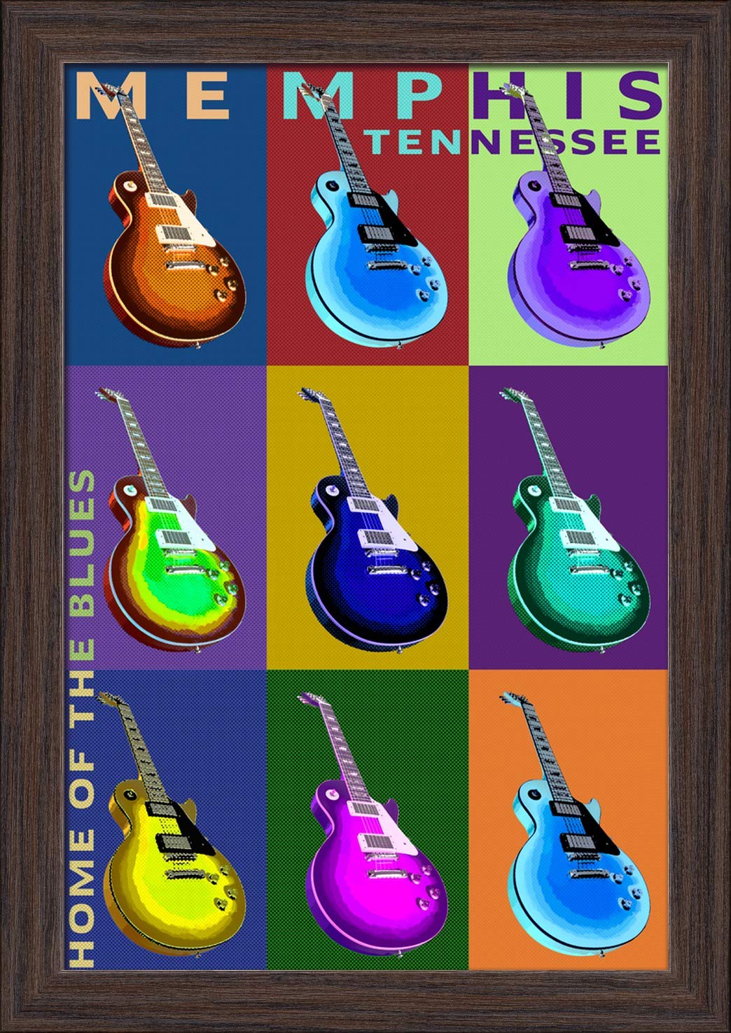 Memphis Tennessee Guitar Pop Art Print - 12x18 Giclee Fine Art on Recycled Wood Frame in Espresso Brown - Perfect for Music Lovers, Home Decor & Office Wall Art