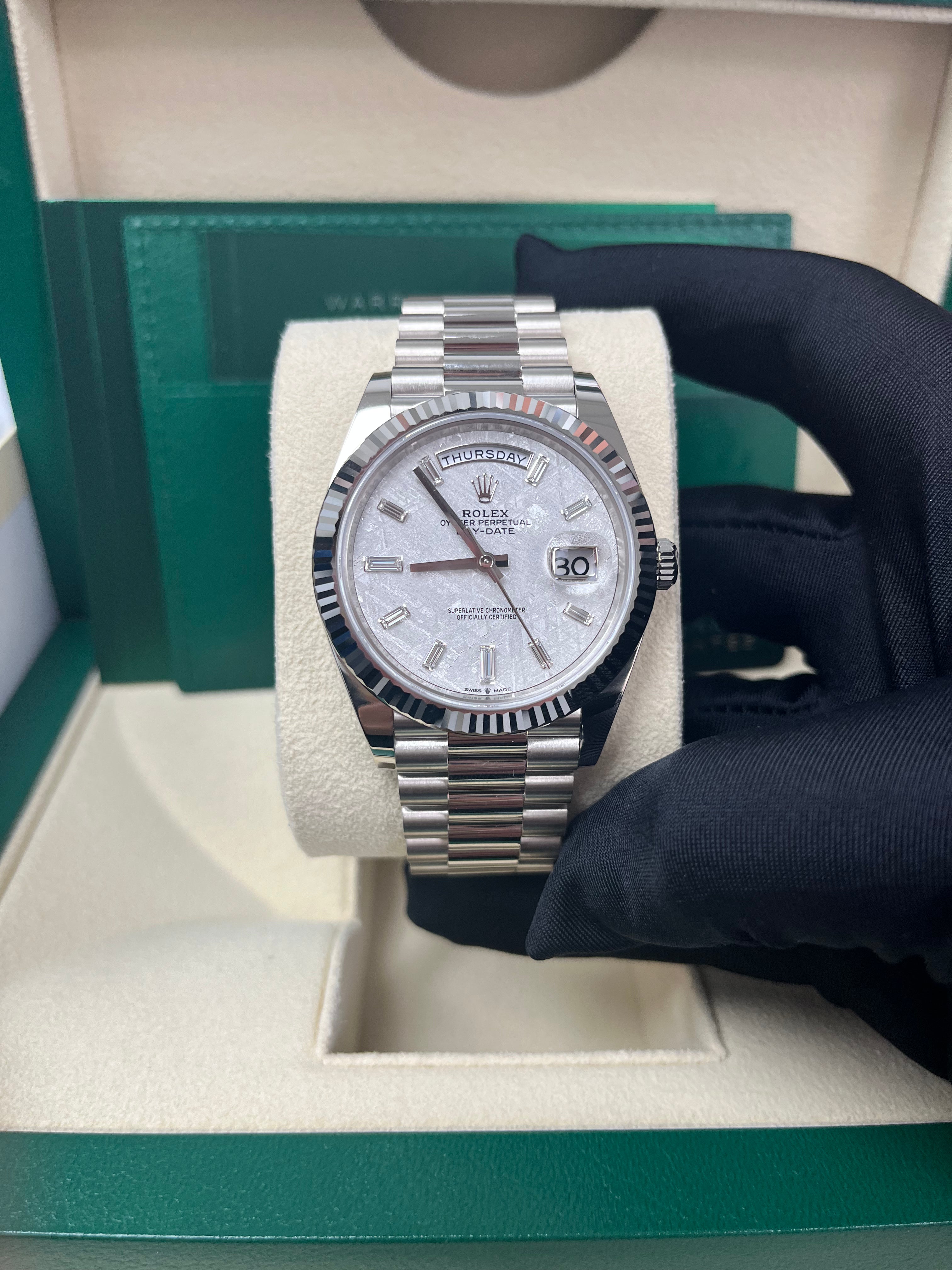 Rolex Day-Date 40mm Men's Watch - Meteorite Baguette Diamond Dial, White Gold Fluted Bezel, Ref. 228239 | Luxury Dress Watch for Business & Formal Occasions