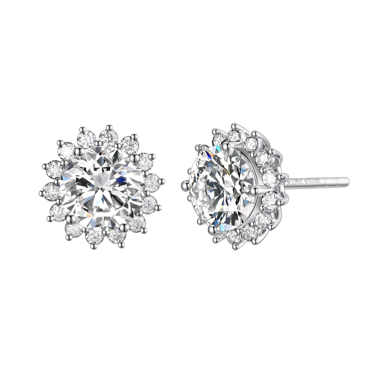 14K Solid White Gold 6.5MM Moissanite Round Stud Earrings - 2.2 CTTW Halo Sunflower Setting Simulated Diamond Earrings for Women | Perfect Mother's Day Gift, Anniversary, Birthday & Holiday Jewelry | Elegant Everyday Wear & Special Occasion Accessories