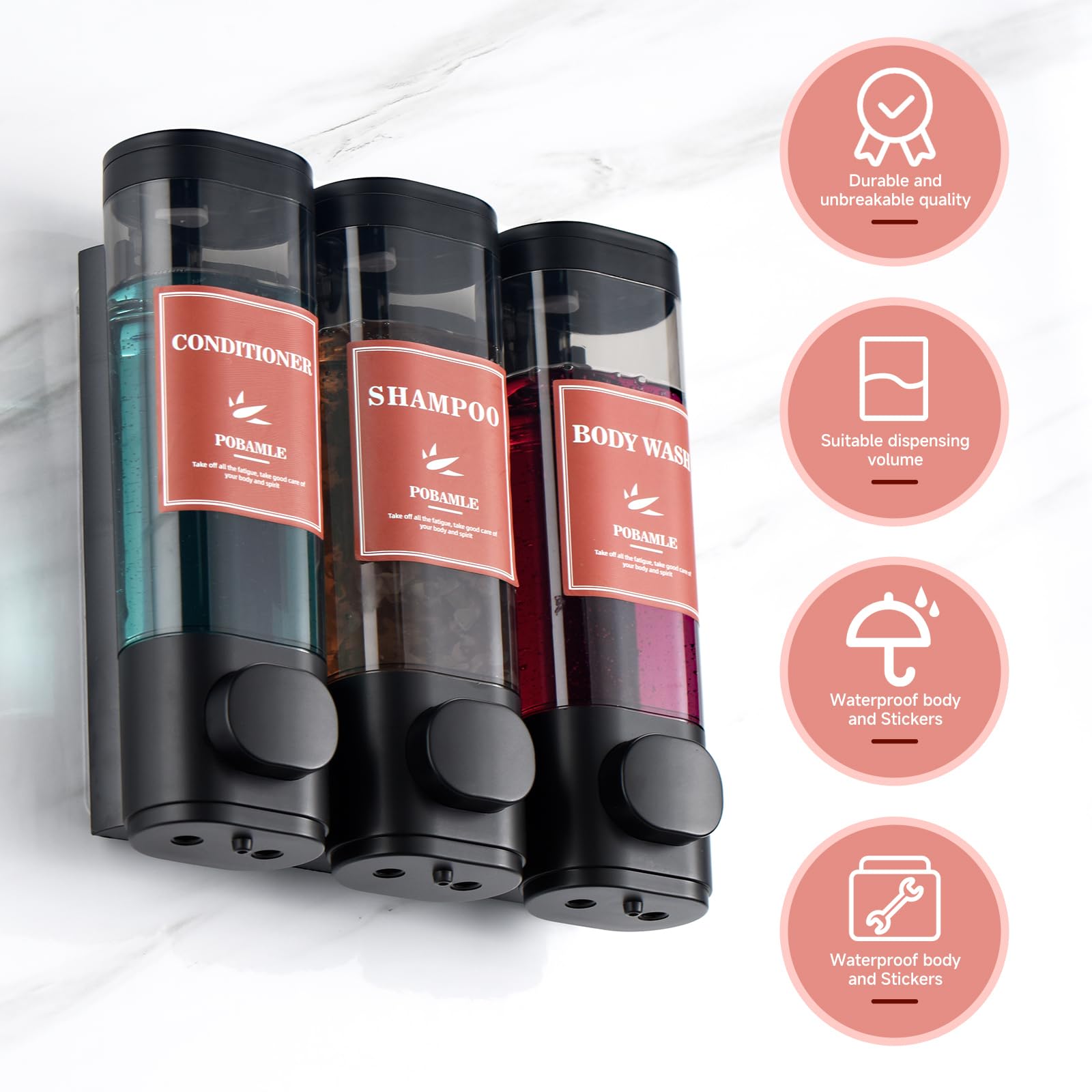 3-Chamber Wall Mounted Shampoo & Conditioner Dispenser - No Drill Bathroom Soap Dispenser for Shower, Holds Body Wash & Shower Gel (Black) | Perfect for Small Bathrooms & Shared Showers