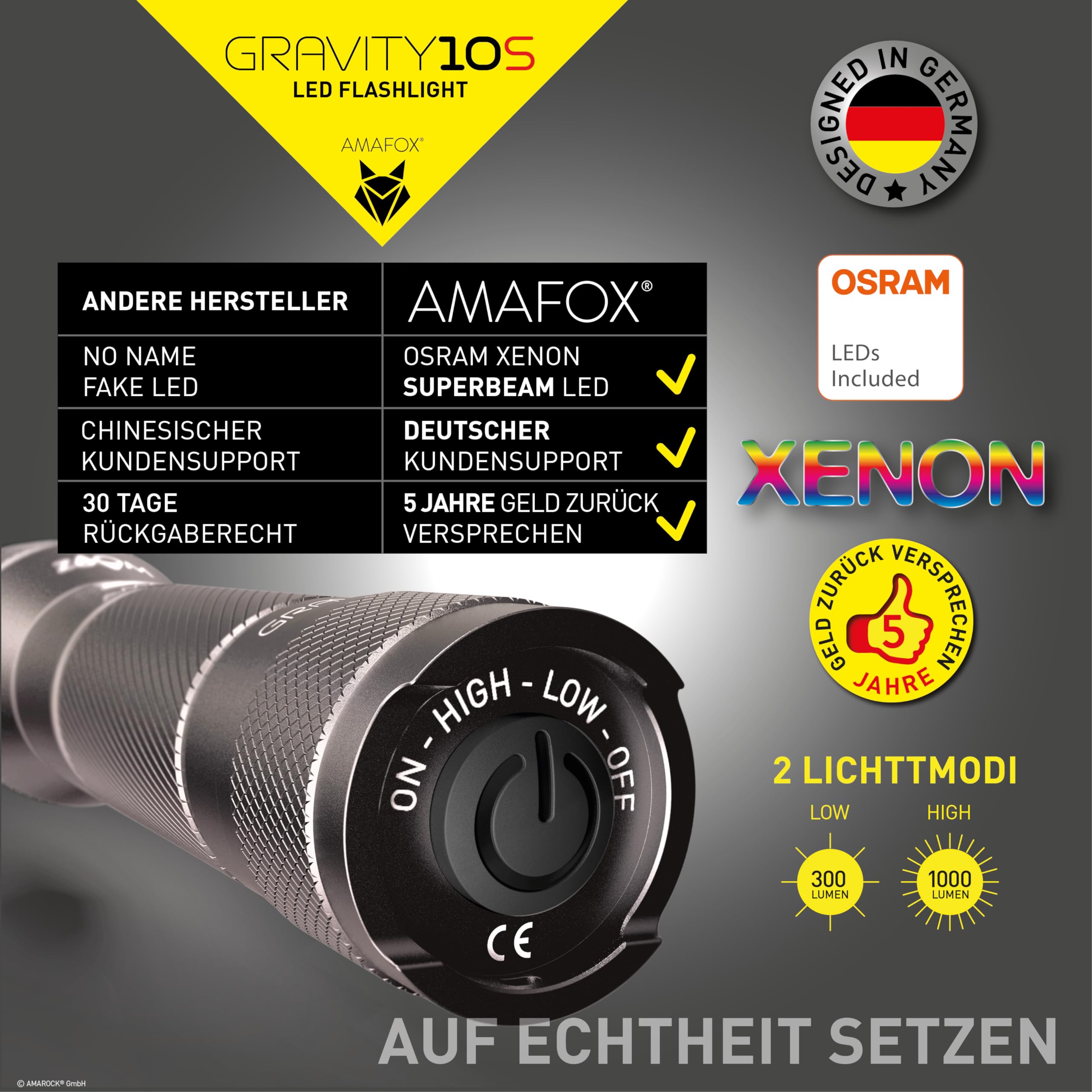 AMAFOX G10-1000 Lumen AA Battery Powered Flashlight - OSRAM XENON Power-LED Super Bright, Adjustable & Zoomable for Camping, Hiking, Emergency and Outdoor Activities