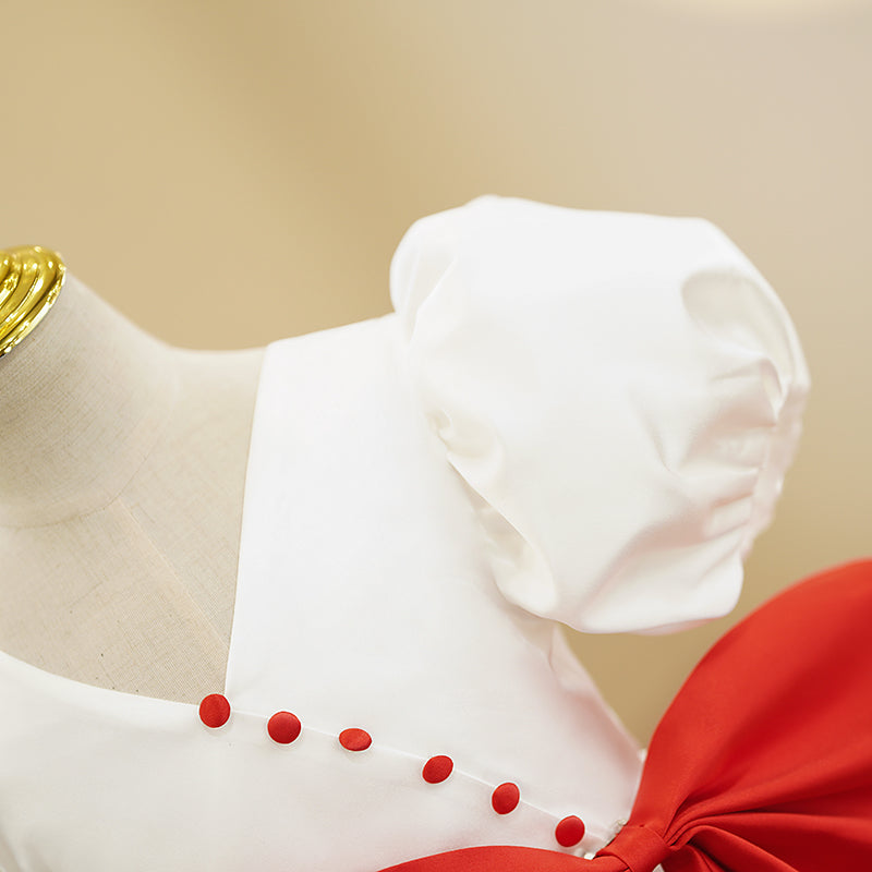 White Satin A-Line Flower Girl Dress with Bow & V-Neck Puff Sleeves - Perfect for Weddings, Baptisms & Special Occasions