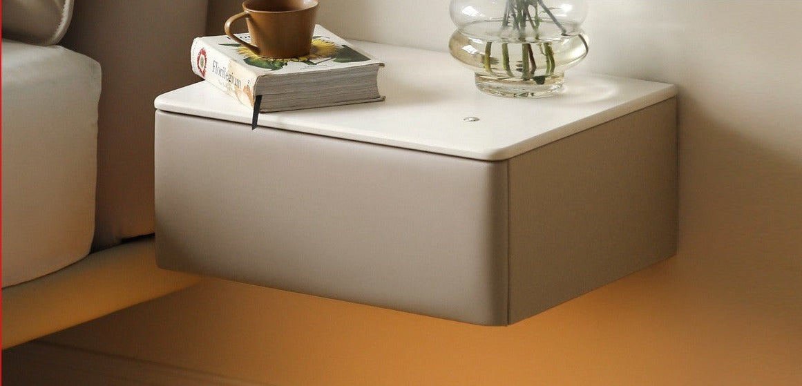 Organic Leather Floating Nightstand - Wall Mounted Cream Rock Board Shelf for Bedroom, Living Room & Office - Modern Minimalist Storage Solution