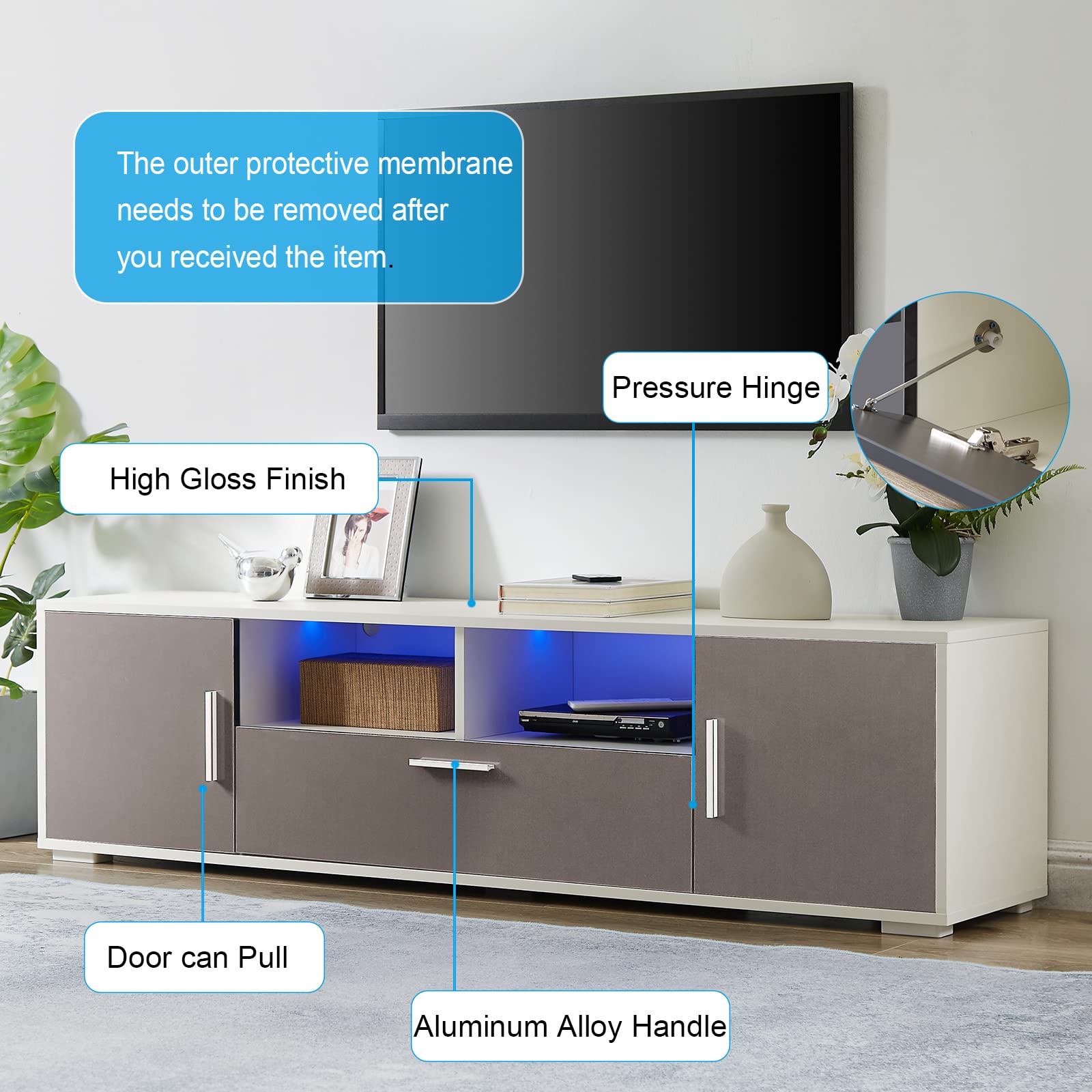Modern TV Stand with LED Lights & Storage - High Gloss Entertainment Cabinet for 60-70 Inch TVs - Quick 30 Min Assembly - White & Gray TV Console - Perfect for Living Room, Bedroom & Home Theater Setup