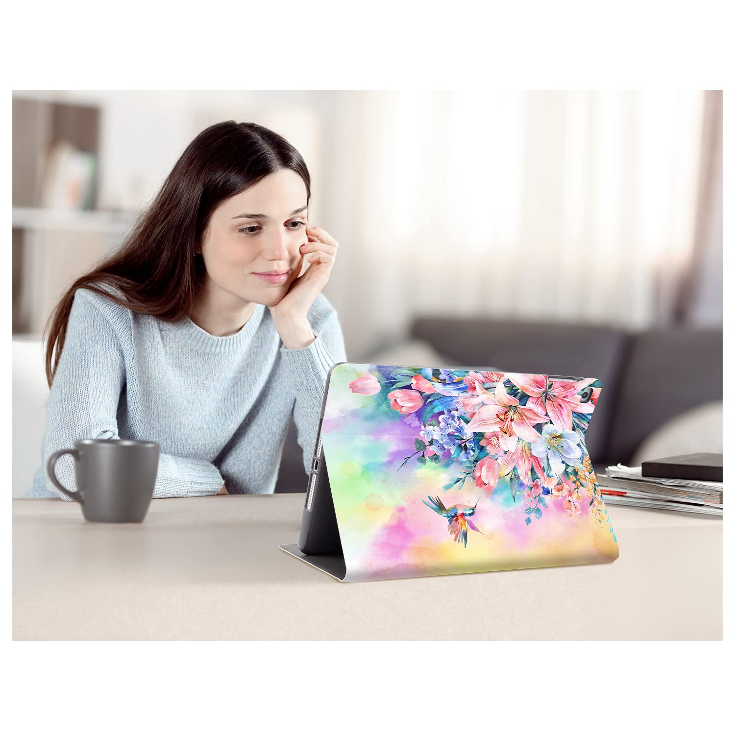 Vimorco Slim Shockproof PU Leather Case for iPad 5th/6th Generation 9.7 inch (2017/2018) & iPad Air 1/2 - Adjustable Stand Cover with Hummingbirds & Flowers Design - Perfect for Work, Travel, and Home Use
