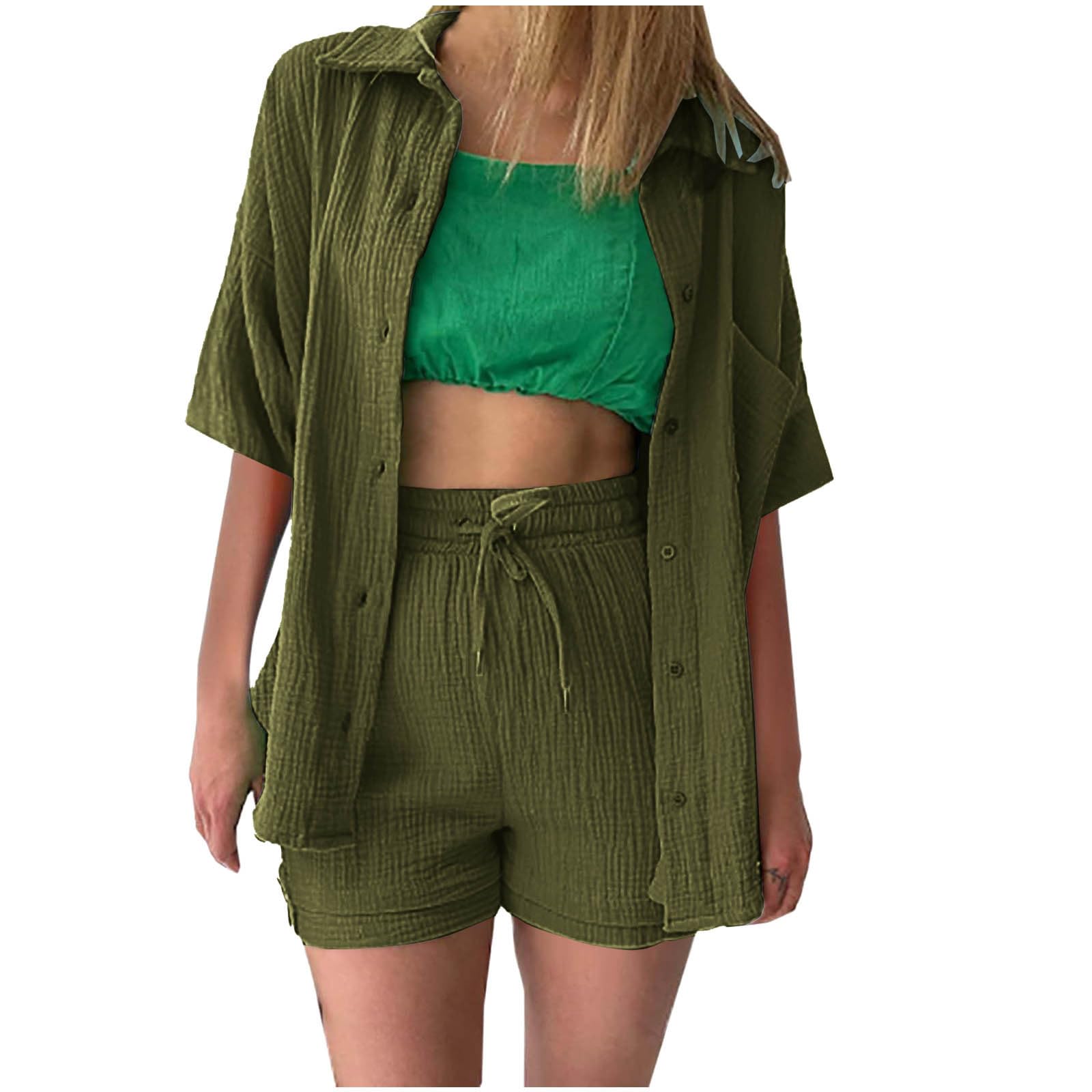 Women's Summer Outfit Set - Casual Short Sleeve Button Down Shirt & High Waist Shorts, Solid Color Lounge Wear for Beach Vacation, Pool Party, and Summer Travel