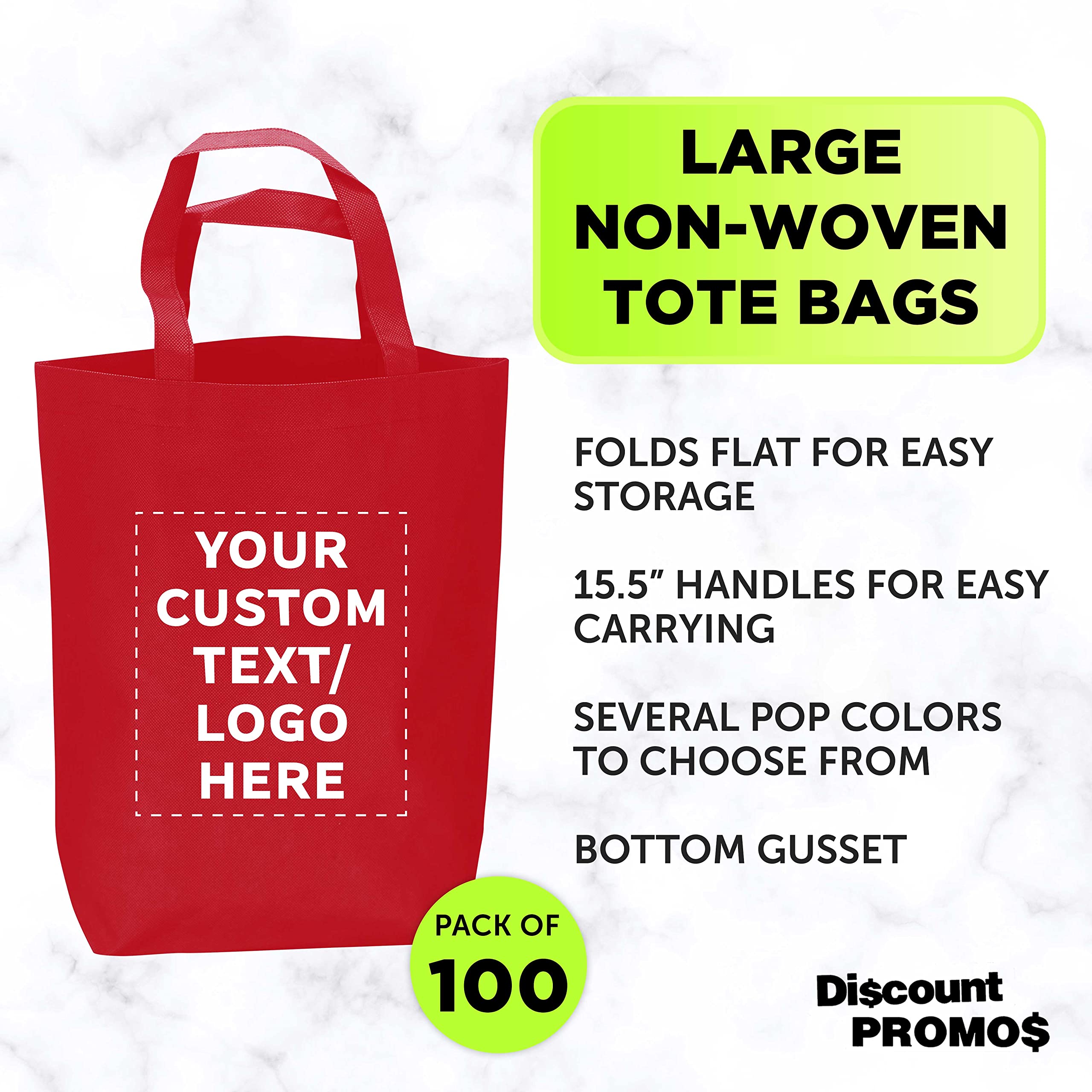 Custom Large Heavy Duty Reusable Tote Bags - Bulk Pack of 100 Personalized Grocery & Shopping Bags - Durable Promotional Merchandise for Business Branding & Giveaways - Red - Perfect for Retail Stores, Trade Shows & Eco-Friendly Shopping