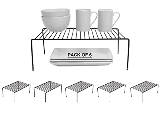 CR18 COLLECTION 6-Piece Black Stainless Steel Kitchen Organizer Set - Dish Rack, Storage Shelf, Plate Stand & Utensil Holder for Cabinets - Space Saving Solution for Small Kitchens & Apartments (Black, Pack of 6)
