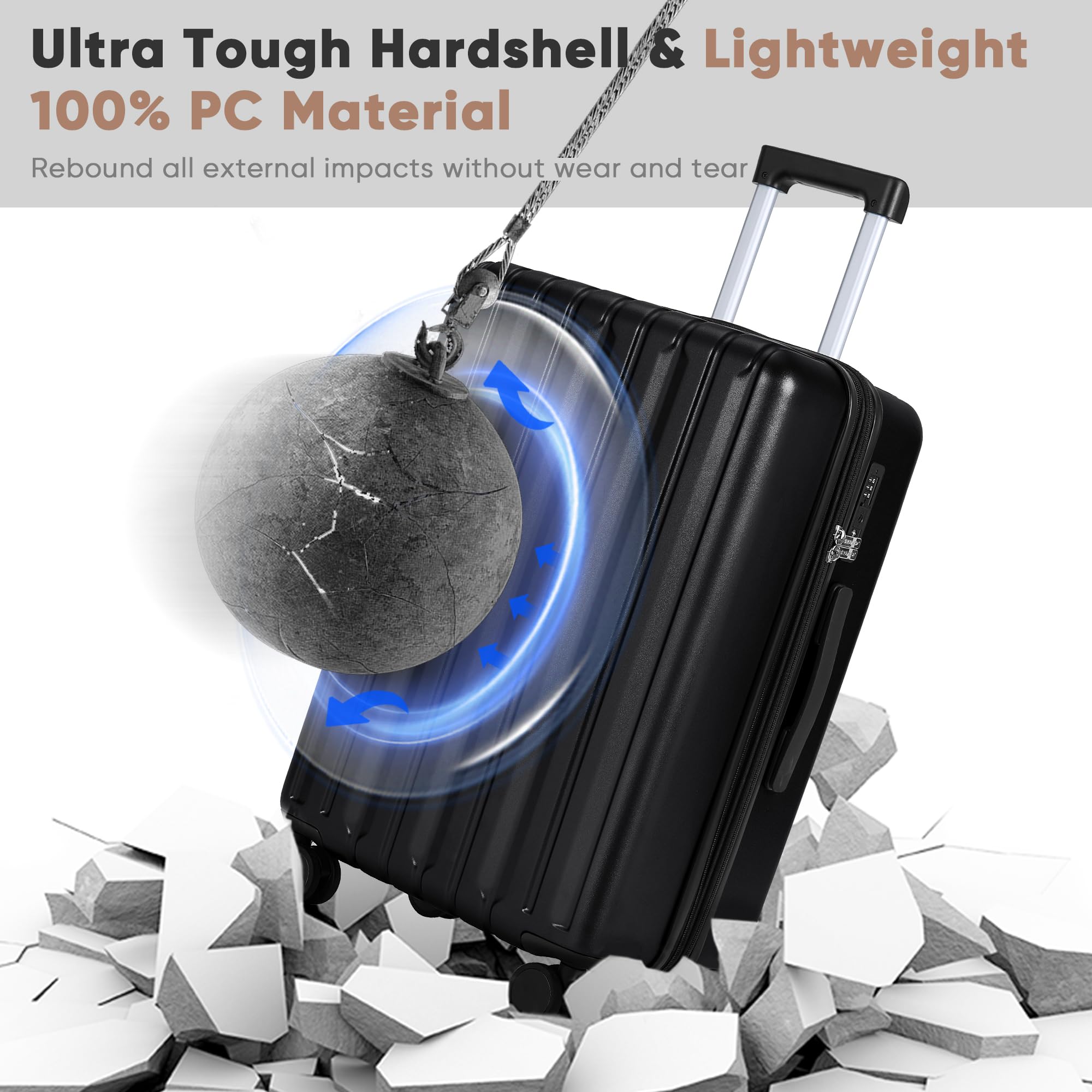 SHOWKOO 3-Piece Hardside Luggage Set - 100% Polycarbonate Ultra Durable Expandable Suitcases with TSA Lock & 360° Spinner Wheels (20in, 24in, 28in, Black) - Perfect for International Travel, Family Vacations & Business Trips