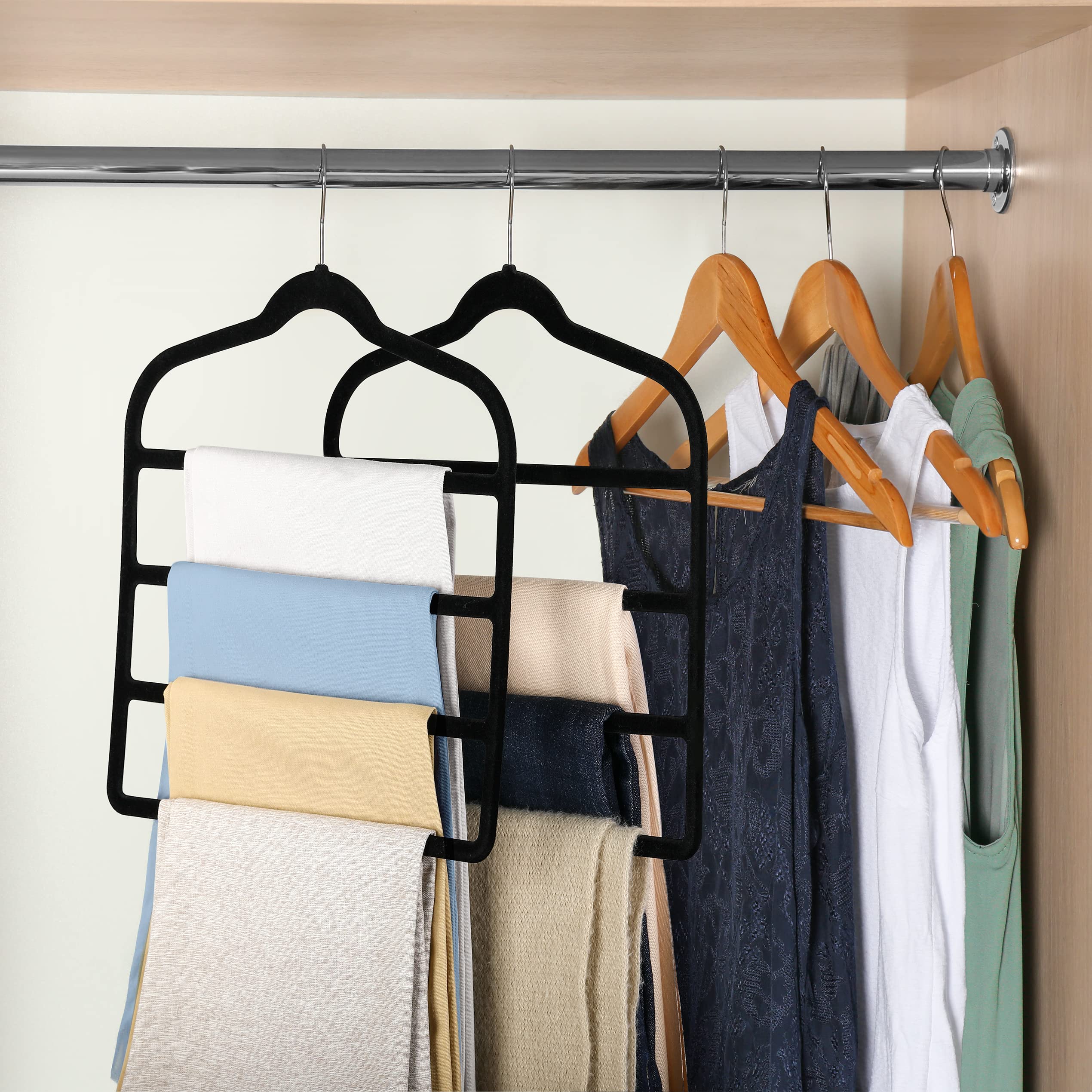 Velvet Non-Slip Pants Hangers - Space Saving Closet Organizer for Jeans, Shorts, Trousers, Scarf & Tie - 5 Pack Black Velvet Hangers for Wardrobe Storage & Organization - Perfect for Small Closets, Travel & Home Use