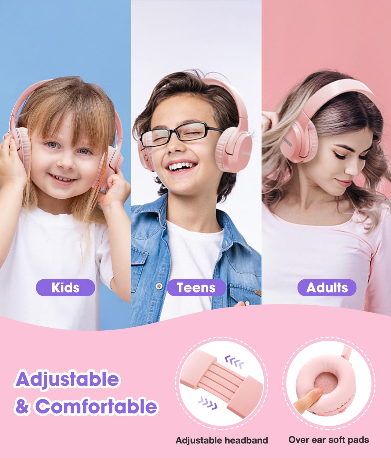 KONNAO Wireless Kids Headphones with Microphone - 60H Playtime, Foldable Over-Ear Design, Volume Limiter (85dB/94dB) for Safe Listening - Perfect for School, Online Classes, Travel & Gaming (Pink)