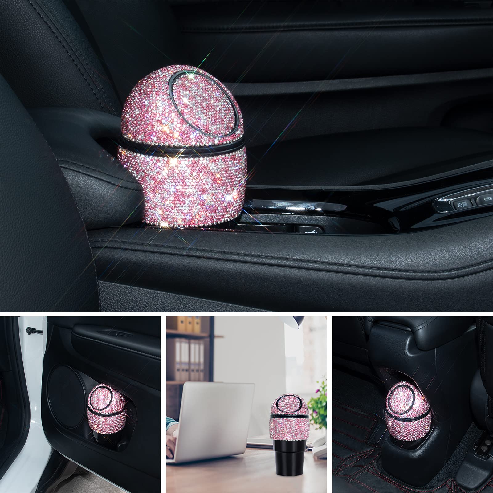 Bling Crystal Car Trash Can - Mini Auto Garbage Bin with Lid for Car, Office & Home - Pink Cup Holder Trash Can - Includes 5 Pack Disposable Bags - Perfect for Women's Cars, Road Trips & Workspaces