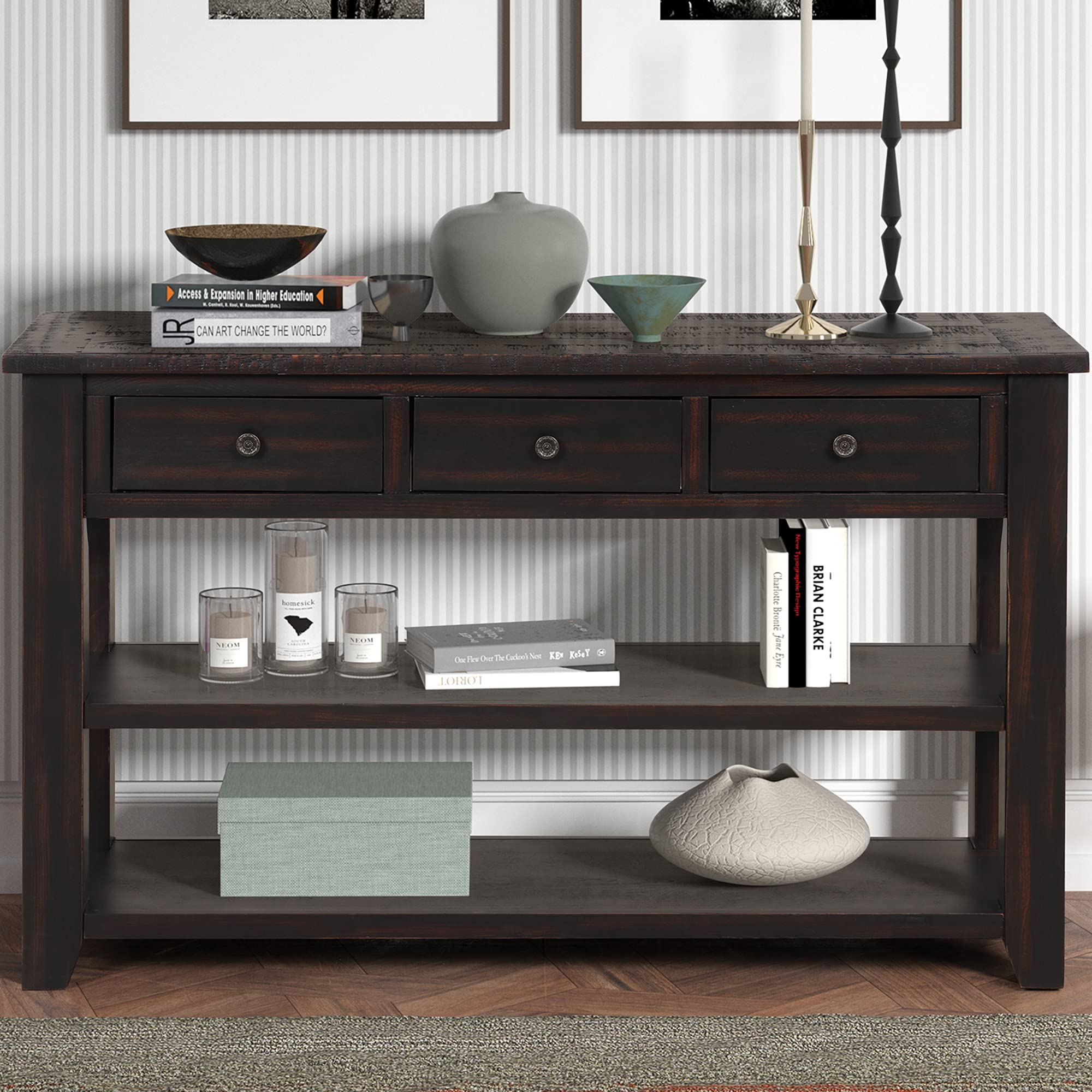 **Vintage Console Table with 3 Drawers & 2-Tier Open Shelves - Solid Wood Sofa Side Table for Living Room, Bedroom, Entryway - Easy Assembly (Black, 48.82