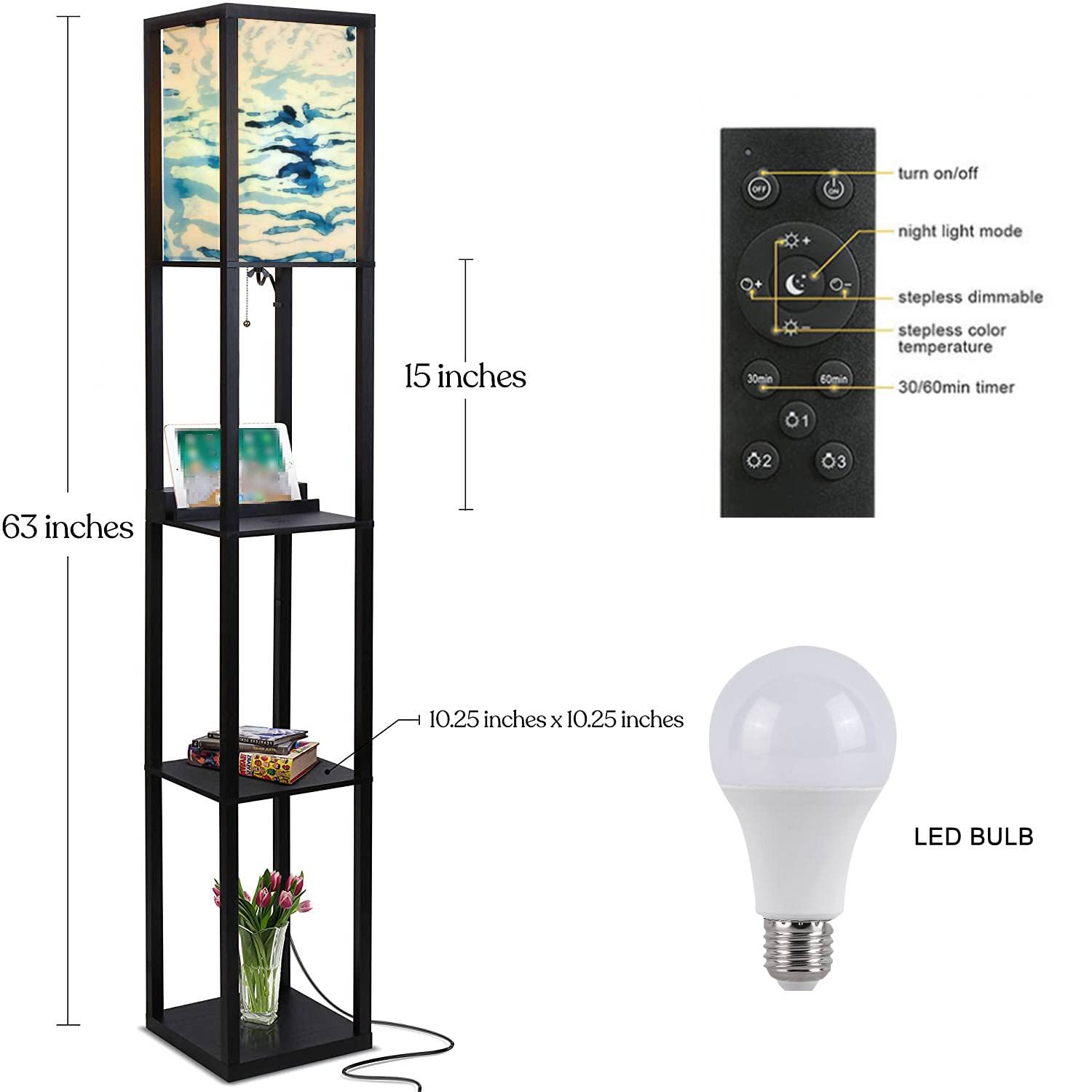 Zebra Print Modern Floor Lamp with Shelves, USB Ports & Power Outlet - White Animal Print Standing Lamp with Linen Fabric Shade for Living Room, Bedroom, Office - Tall Corner Lamp for Reading & Decor