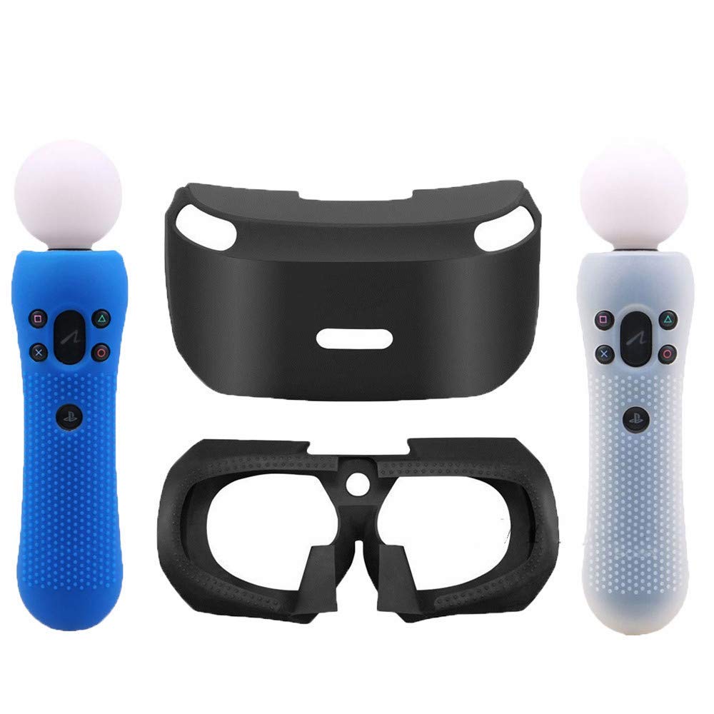3D Glass Protective Silicone Skin Case with Eye Shield for PSVR PS VR Headset + 2pcs Silicone Protective Covers for Sony PS VR Move Motion Controllers (Blue-White) - Perfect for Gaming Protection & Enhanced Comfort