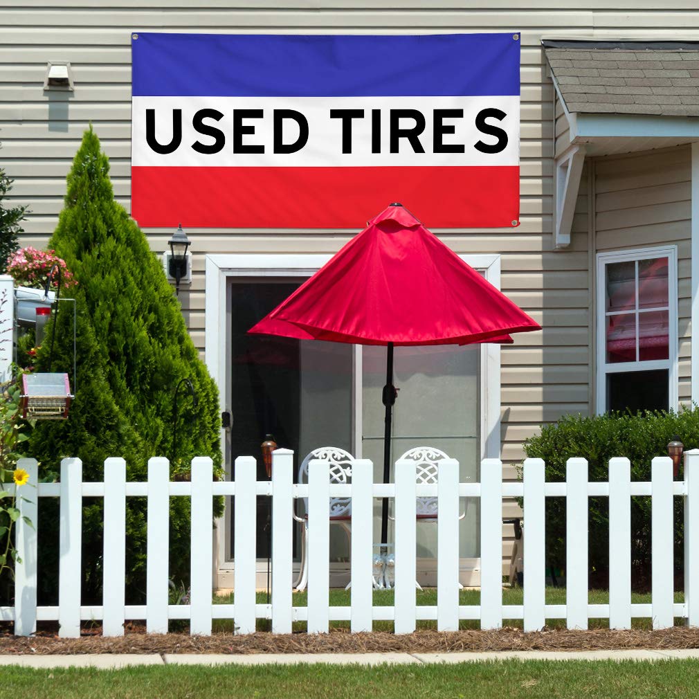 Durable Vinyl Banner for Outdoor Advertising - Weatherproof, Industrial Yard Signs (12x30 Inches, White/Red, 4 Grommets) - Perfect for Used Tires, Automotive & Business Promotion