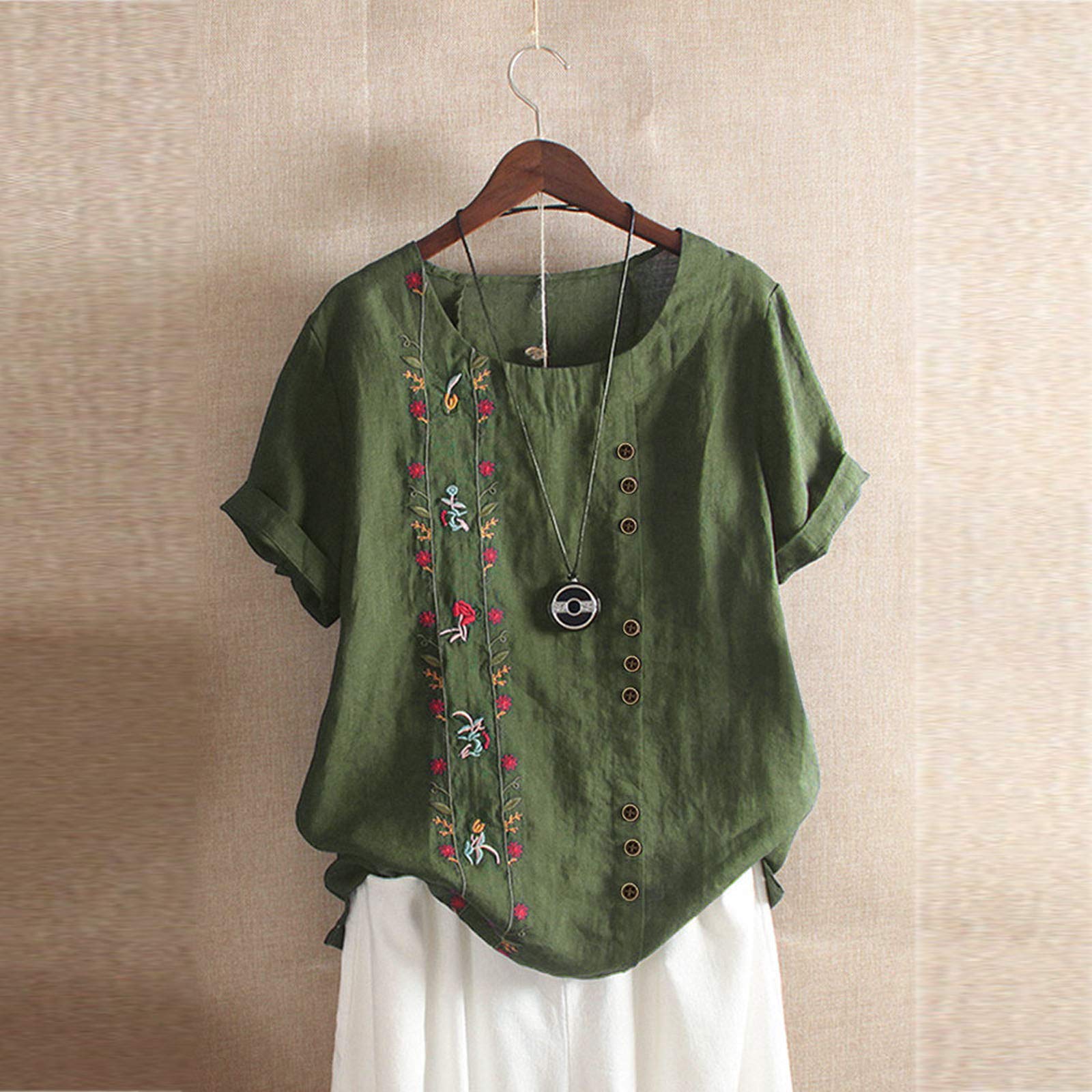 **Women's Floral Printed Linen Blouse - Loose Fit Casual Cotton Shirt with Lavender Design for Spring & Summer Outfits | Perfect for Beach, Office & Weekend Wear**