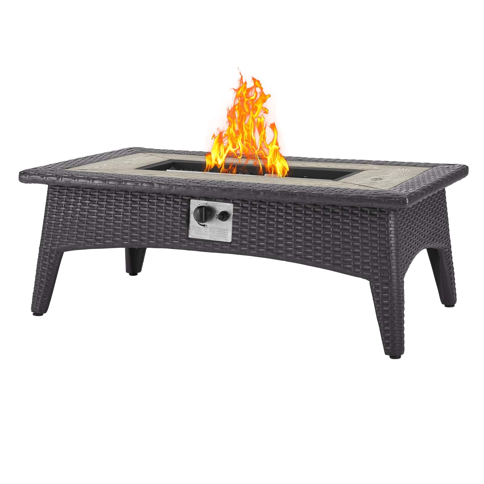 Modway Convene 3-Piece Wicker Rattan Outdoor Patio Sectional Set with Fire Pit - Espresso Mocha Brown - Perfect for Backyard, Garden, Poolside & Patio Relaxation