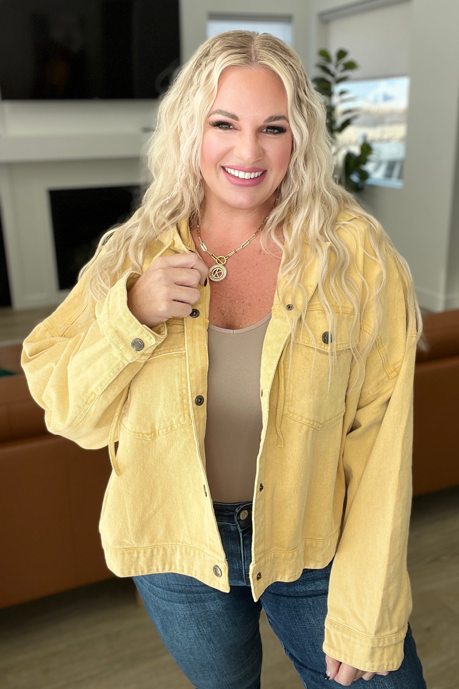 Gee Gee Mustard Cropped Hooded Denim Jacket for Women - Trendy Distressed Vintage Style - Perfect for Casual Outfits & Streetwear Fashion