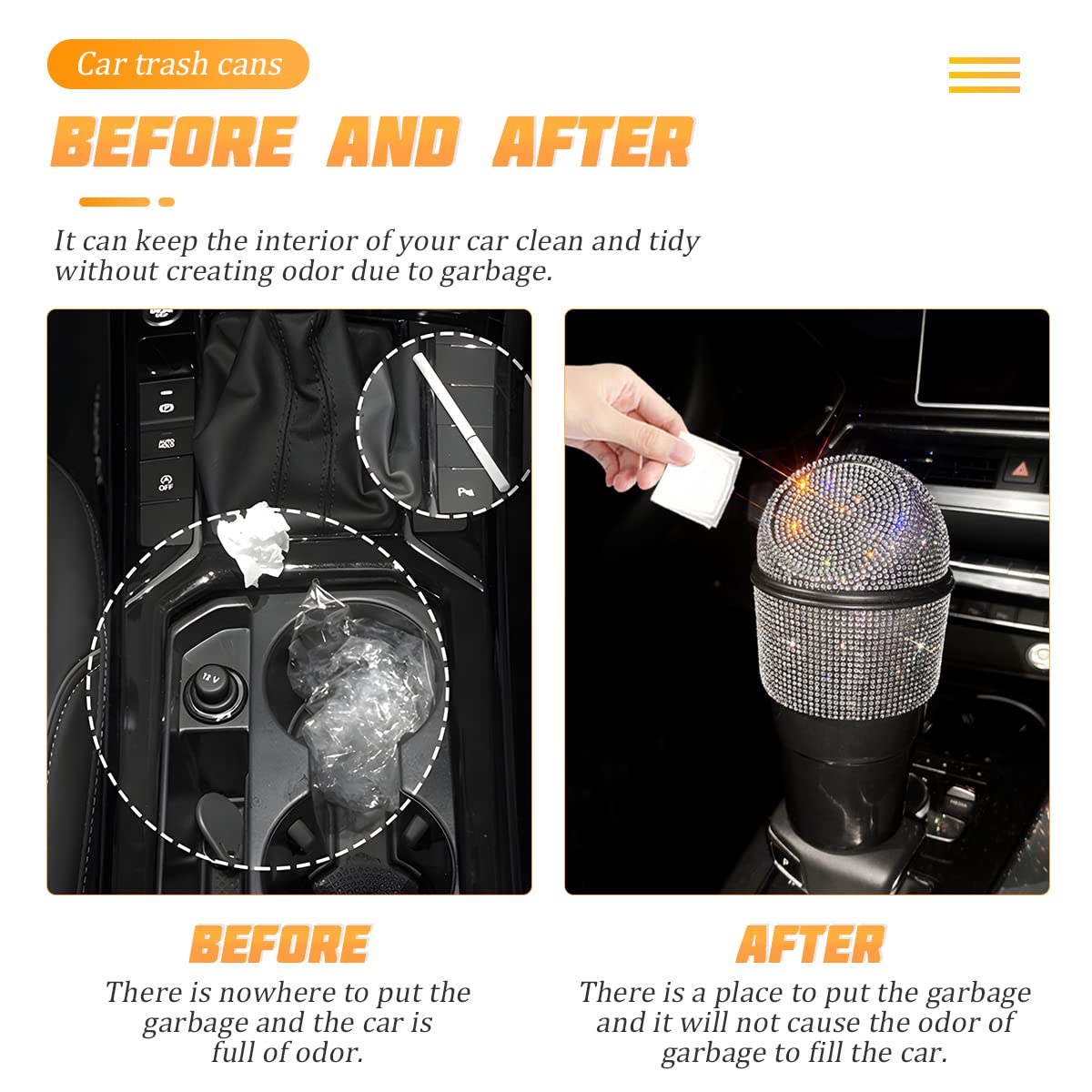 AICEL Rhinestone Car Trash Can with Lid - Mini Leakproof Garbage Bin for Auto Cup Holder, Crystal Small Trash Can for Car, Home, Office, Kitchen & Bedroom - Perfect for Road Trips, Daily Commute & Workspace Organization