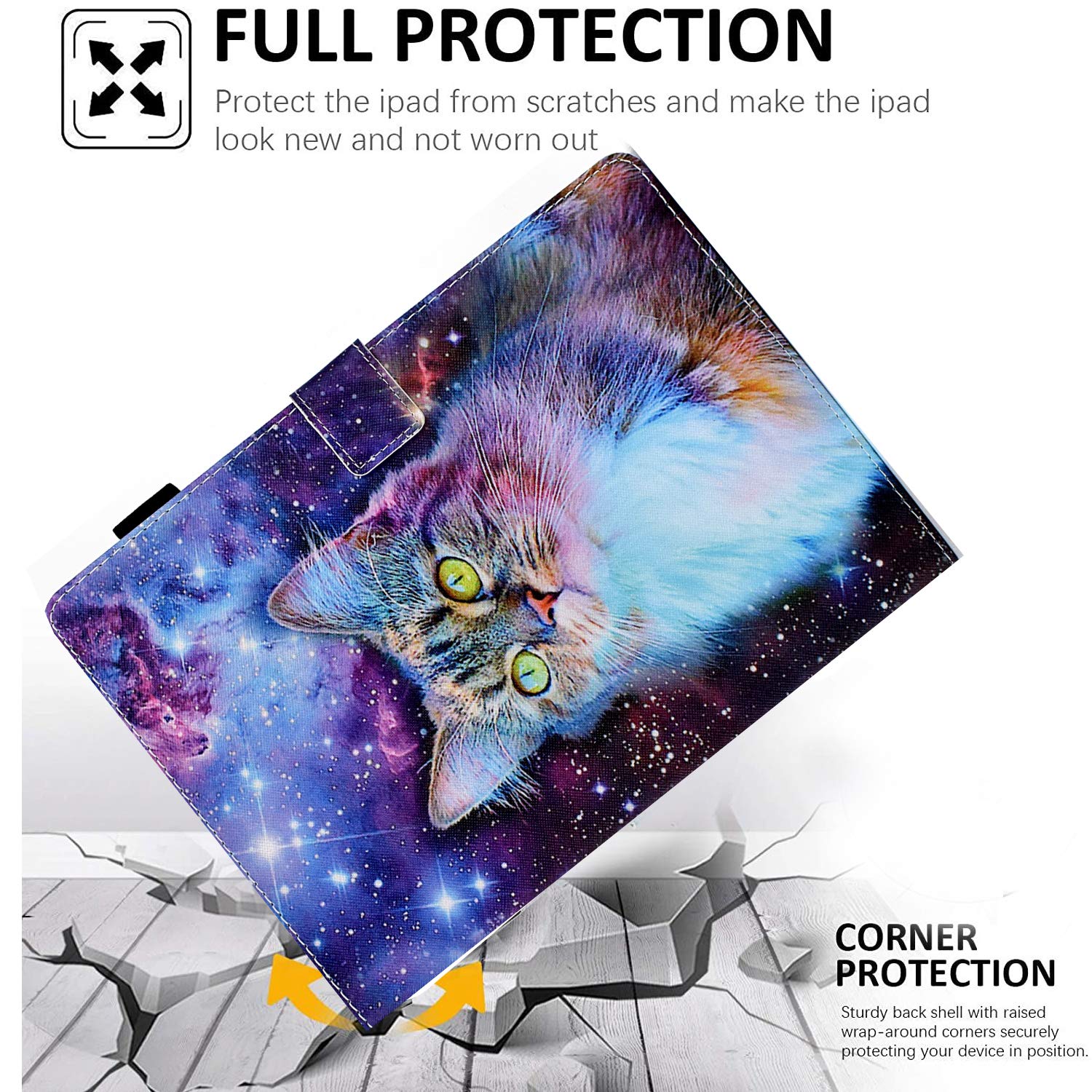Premium PU Leather Smart Folio Stand Case for iPad 9.7 Inch (iPad 6th/5th Gen 2018/2017, iPad Pro 9.7 & iPad Air 2/1) with Auto Sleep/Wake - Space Cat Design - Perfect for Work, School & Travel