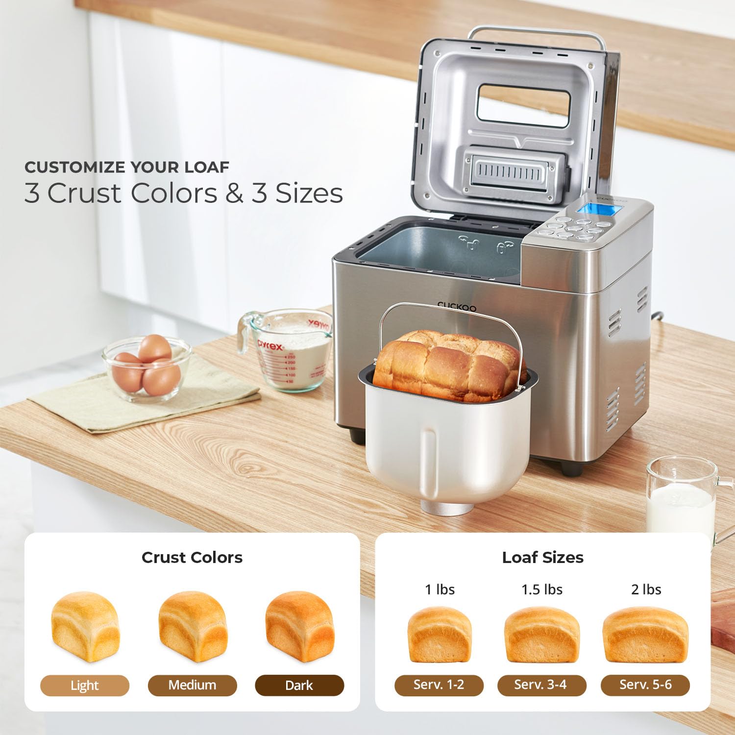 CUCKOO 2 lbs Bread Maker Machine with 15 Menu Options & 3 Crust Colors - Automatic Fruit Nut Dispenser - 6 Accessories Included - Perfect for Sourdough, White Bread & Gluten-Free Baking (CBM-AAB101S) - Ideal for Home Baking, Breakfast & Family Gatherings