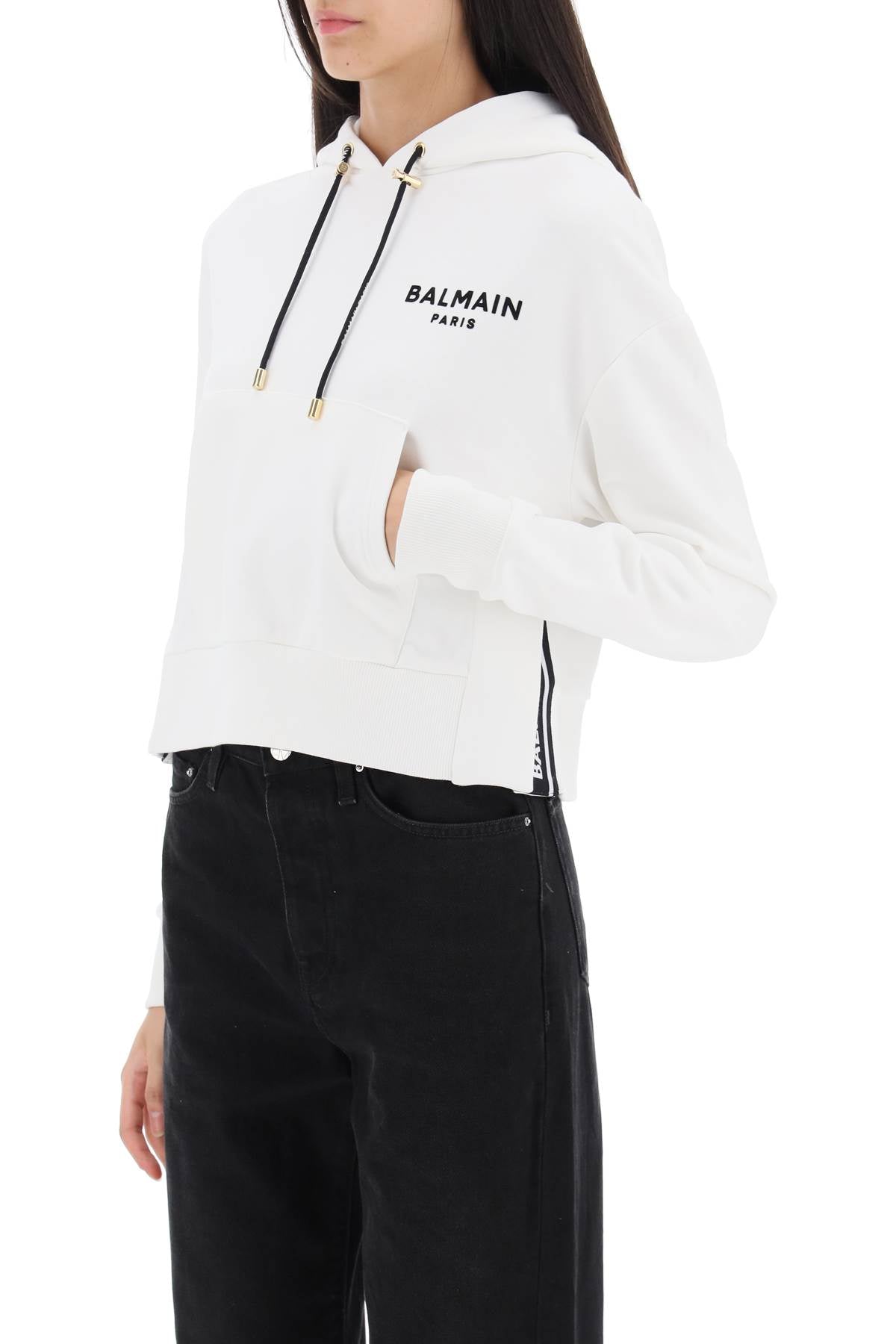 Balmain Cropped Sweatshirt with Flocked Logo Print - Stylish Women's Fashion for Casual Wear & Street Style