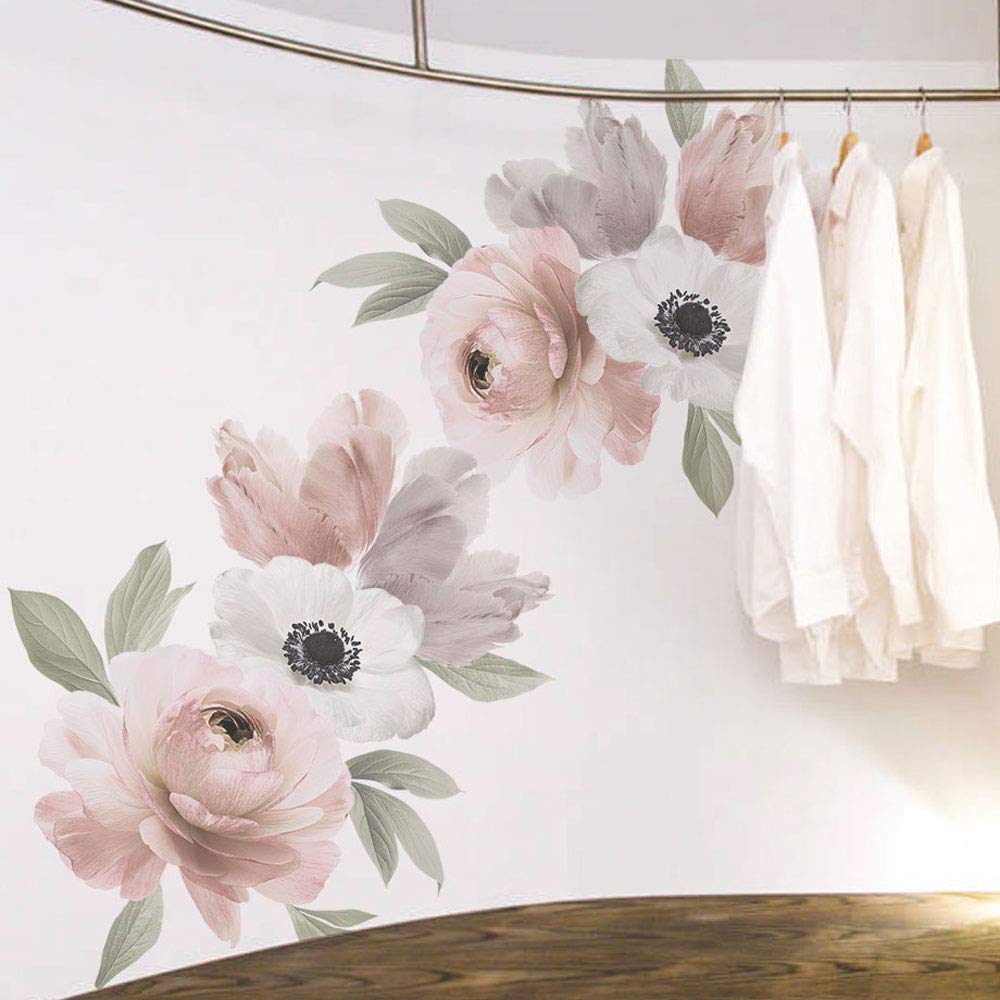 Floral Wall Decal - Spring Pink and Green Peel and Stick Wall Stickers for Home Decor, Nursery, Bedroom, Living Room, Office