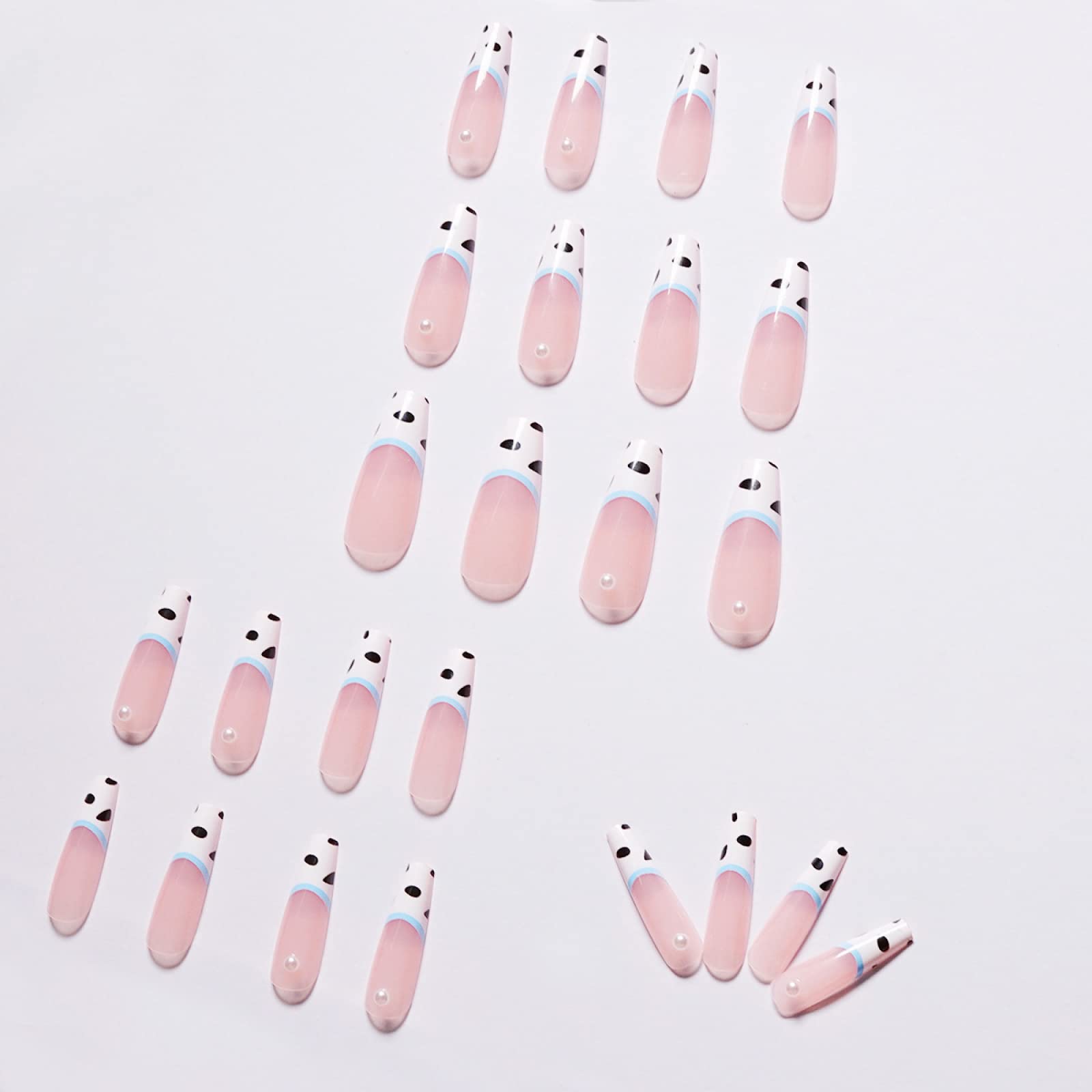 Press on False Nails - Milk White Pattern with Ballet Length & Pearl Accents | Easy to Apply & Removable Fake Nails for Manicure | Perfect for Weddings, Parties & Everyday Glam