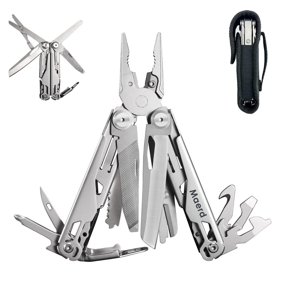 Maerd P11 19-in-1 Premium Stainless Steel Multitool with Self-Locking - Survival Camping Gear, EDC Tool with Saw, First Aid Scissors, Spring Pliers & Hex Wrench for Outdoor Adventures, Hiking & Emergency Preparedness