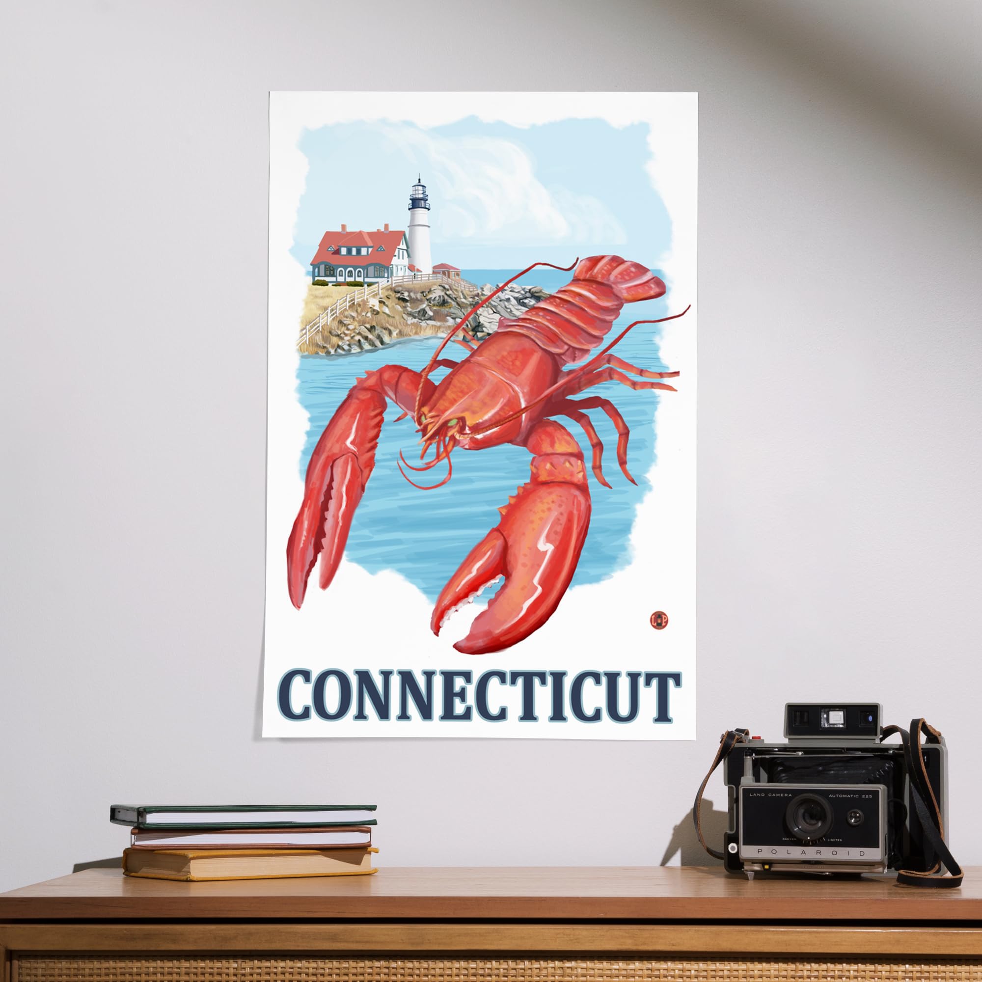 Lantern Press 16x24 Inch Giclee Art Print - Connecticut Coastal Lighthouse & Lobster Scene - Perfect for Beach House Decor & Nautical Themed Rooms