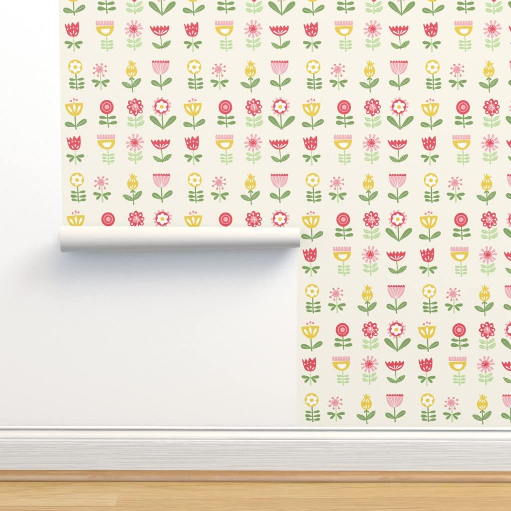 Scandi Flowers Retro Vintage Floral Peel & Stick Wallpaper - 12ft x 2ft Removable Self-Adhesive Wallpaper for Bedroom, Living Room & Nursery | Scandinavian Modern Spring Design by Spoonflower