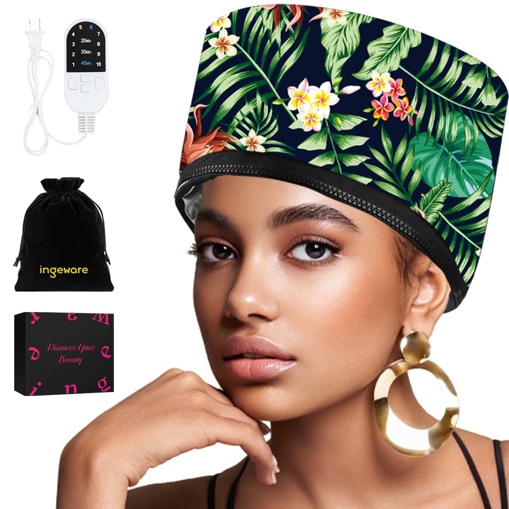 **Ingeware Electric Heat Cap for Deep Conditioning & Hair Steaming – Portable Thermal Spa Cap for Natural Hair, Floral Print – Perfect for Home Hair Care & Salon Treatments**