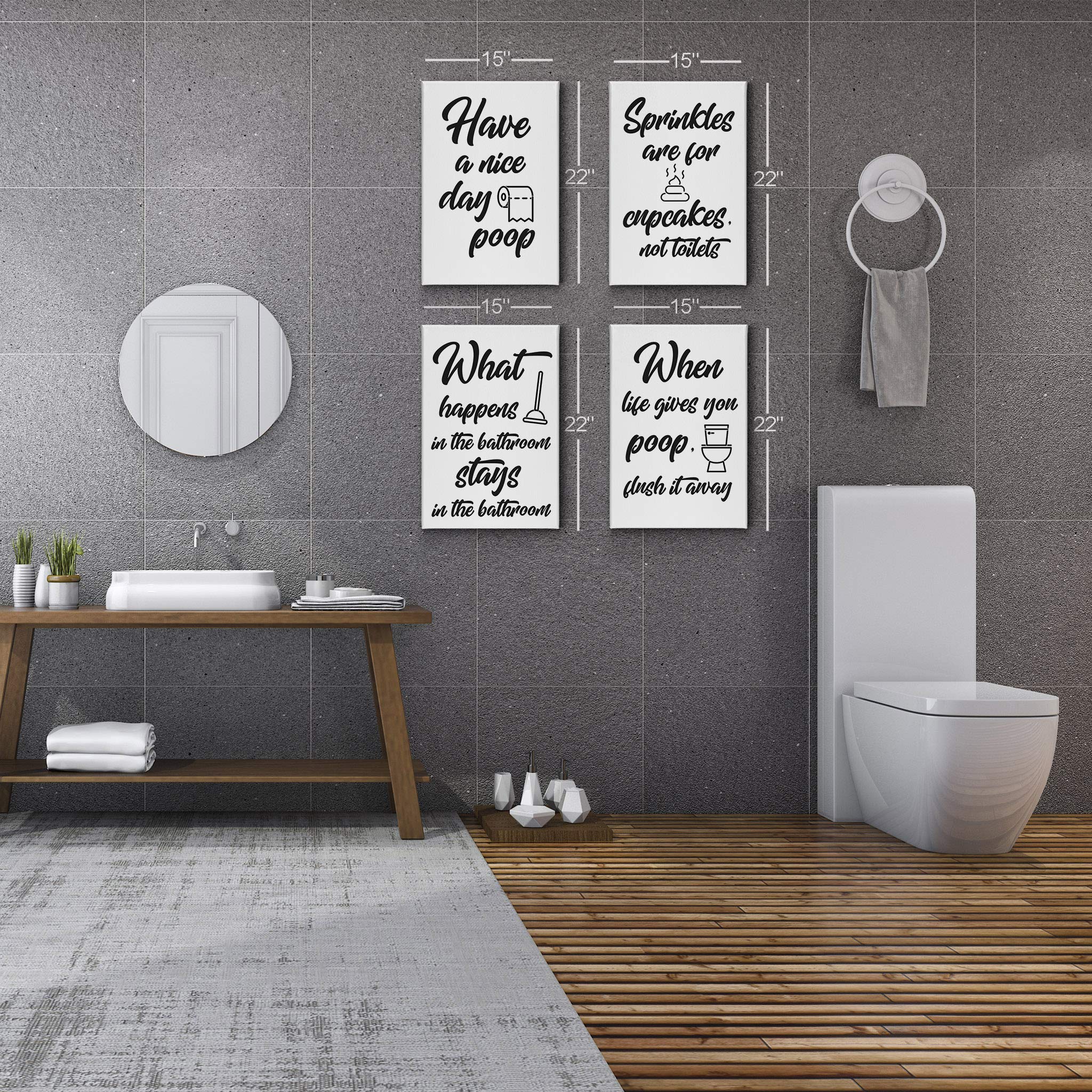 Funny Bathroom Wall Art Set - 4 Piece Canvas Prints with 'What Happens in the Bathroom' Quote - Ready to Hang Decor (28x19 inches each) - Perfect for Toilet Humor & Bathroom Decor Ideas