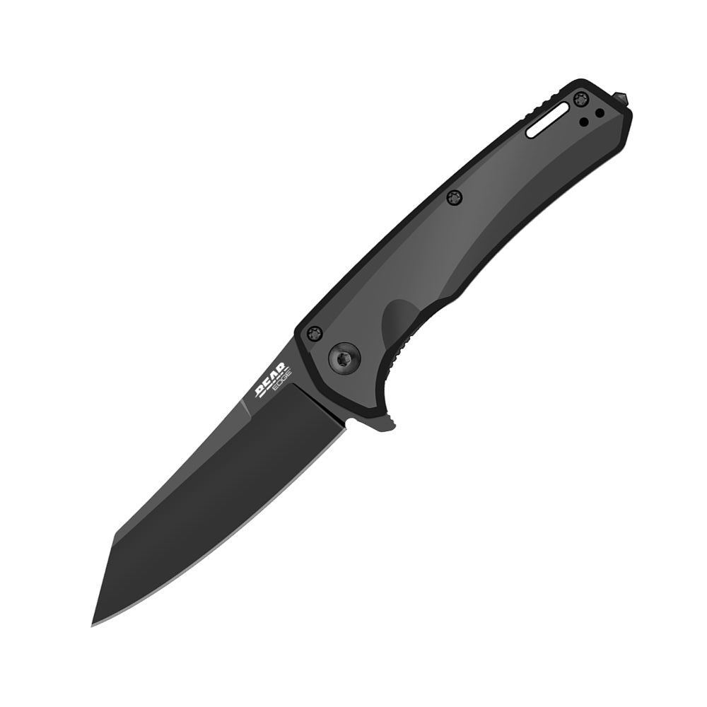 Bear Edge BE127 Black Aluminum Folding Pocket Knife - Compact EDC Knife for Camping, Hiking & Outdoor Survival