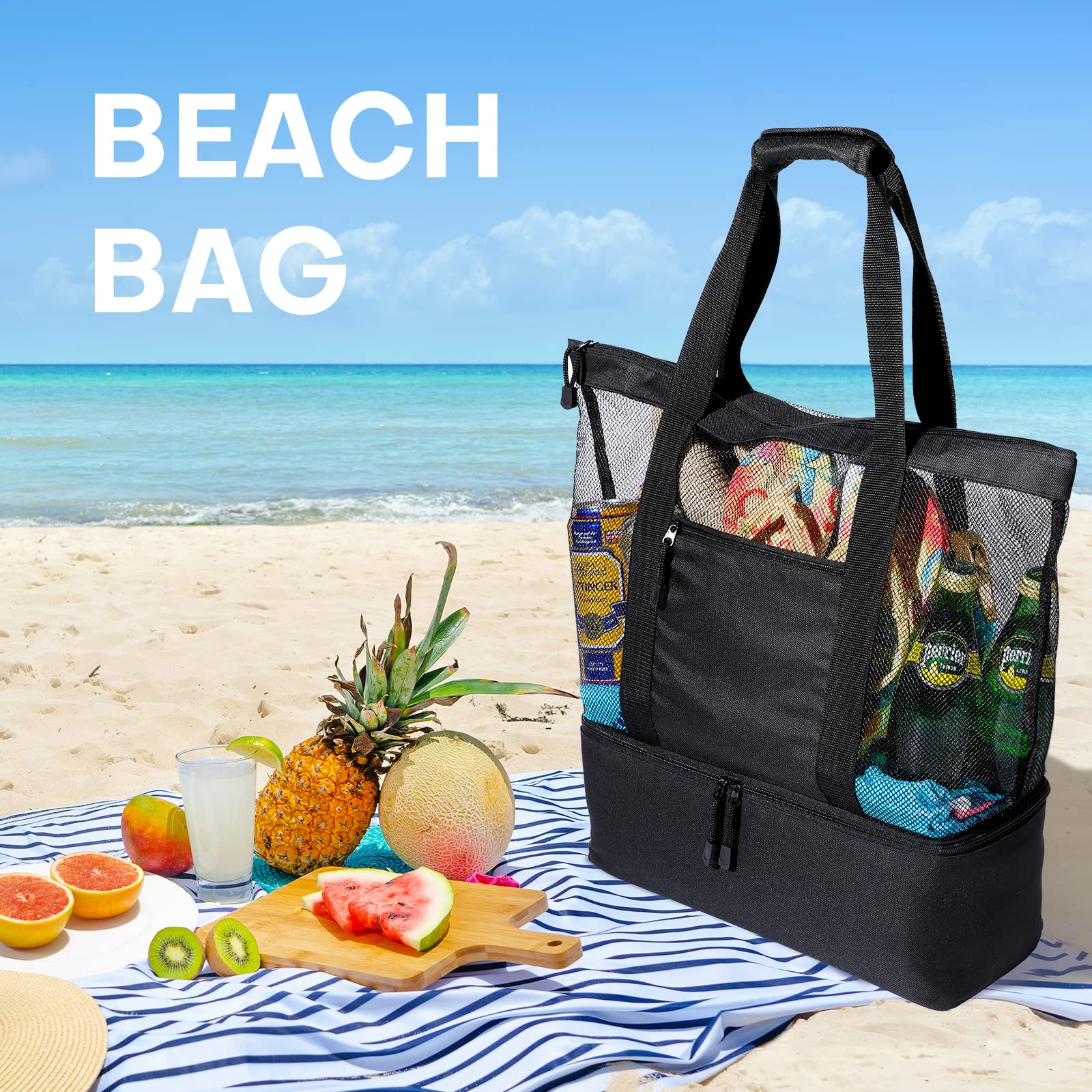Clothclose Mesh Beach Tote Bag for Women - Large Waterproof Swim Pool Bag with Cooler Compartment | Perfect for Travel, Beach Trips, Poolside Lounging & Summer Outings