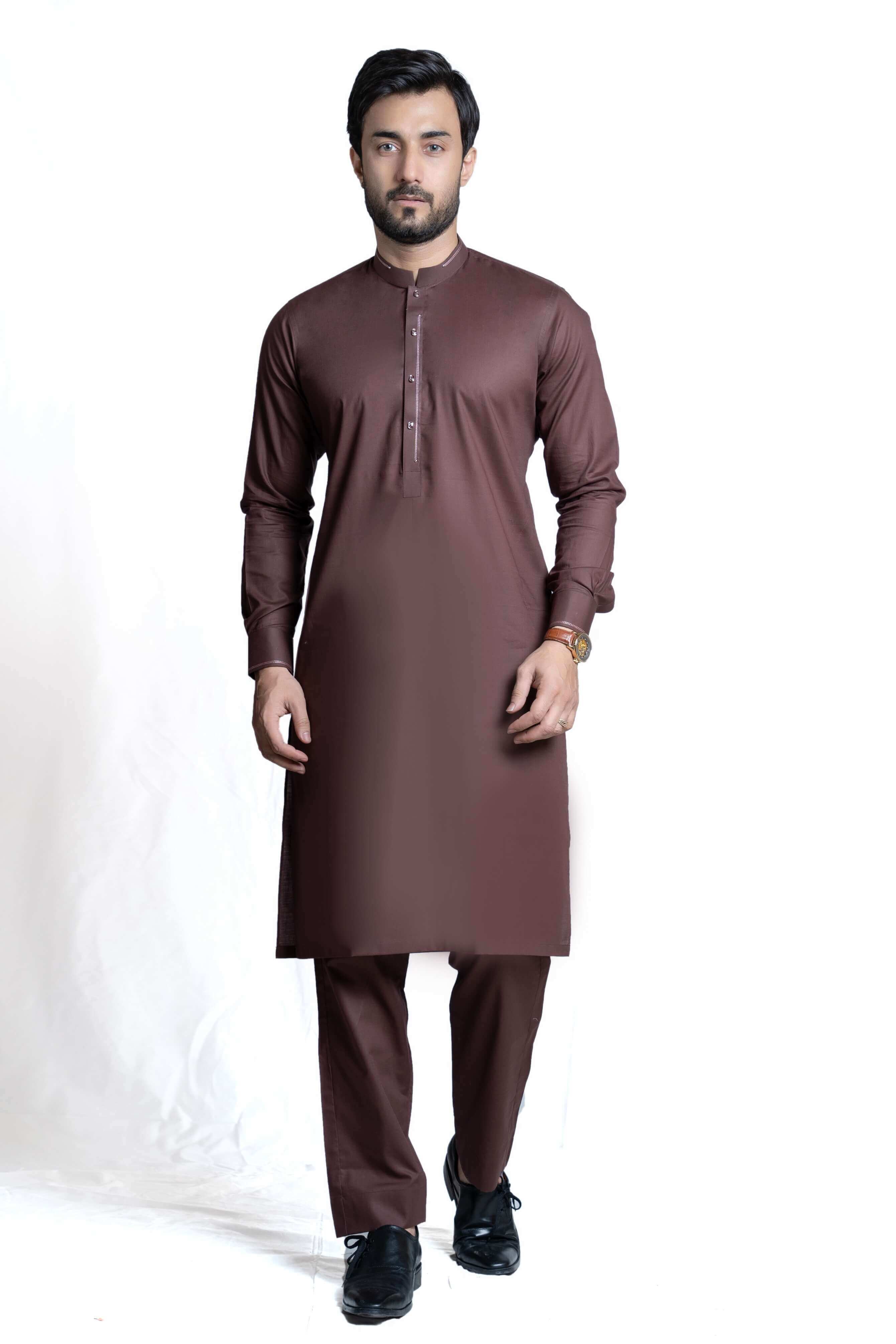 Brown Chambray Cotton Viscose Blend Kurta Pant Set for Men - Comfortable Ethnic Wear for Festivals, Weddings & Casual Outings