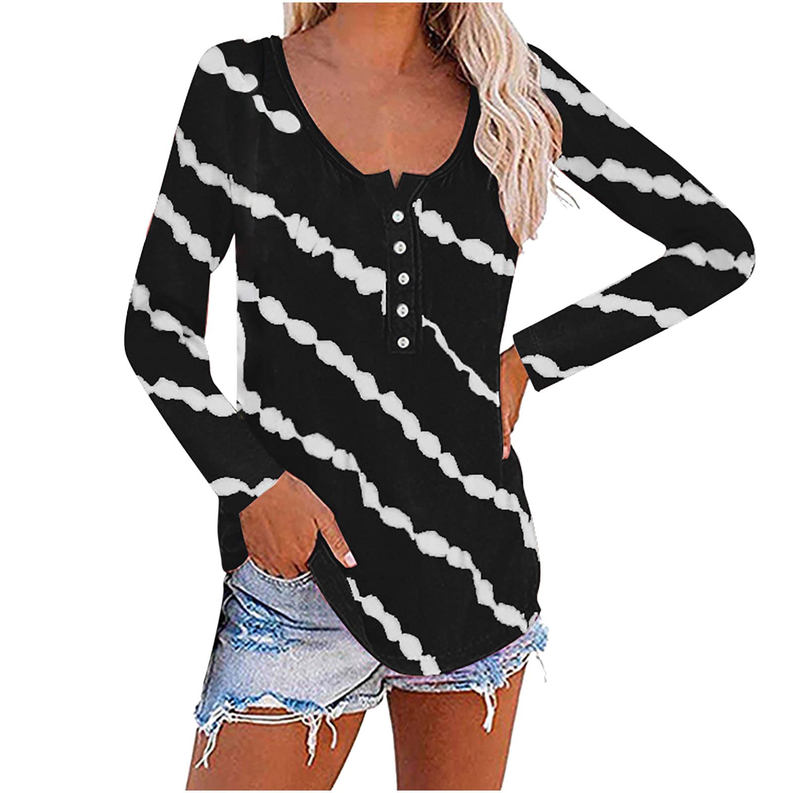 Women's Striped Long Sleeve T-Shirts - Round Neck & V Neck Casual Button Down Blouses & Henley Shirts for Work, Travel and Everyday Wear