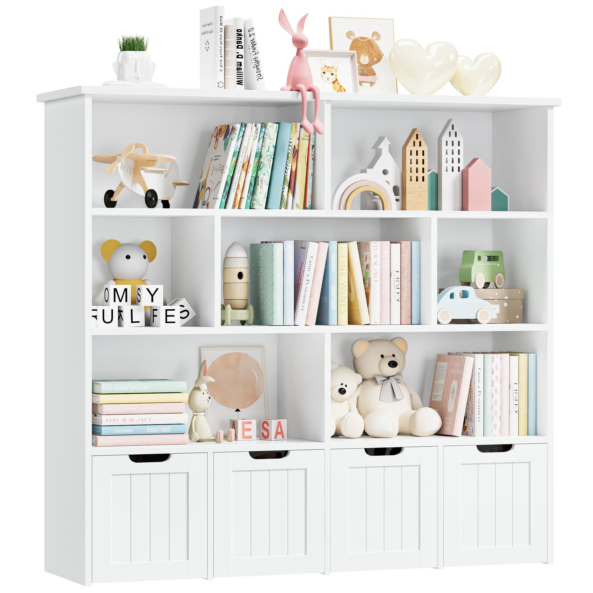 FINETONES Large Toy Storage Organizer with 4 Movable Drawers & 7 Storage Cubbies - Kids Bookshelf, Toy Chest Shelf with Hidden Wheels - Perfect for Playroom, Nursery & Bedroom Organization (White)